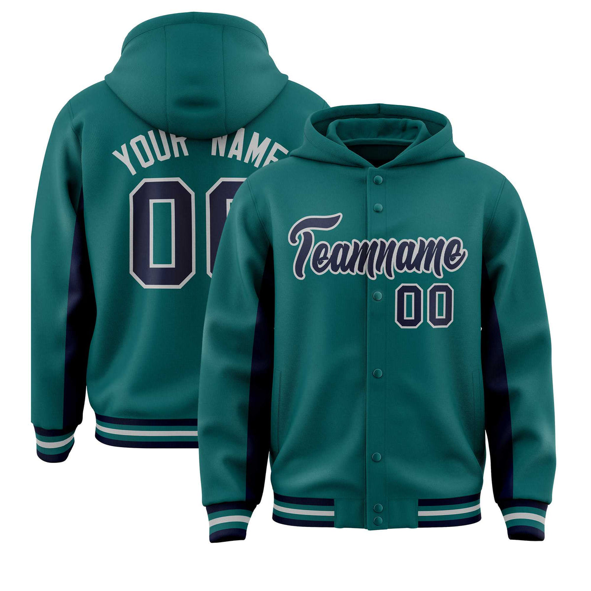 Custom Aqua Navy Color Block Varsity Full-Snap Letterman Jacket Hoodie| KXKSHOP