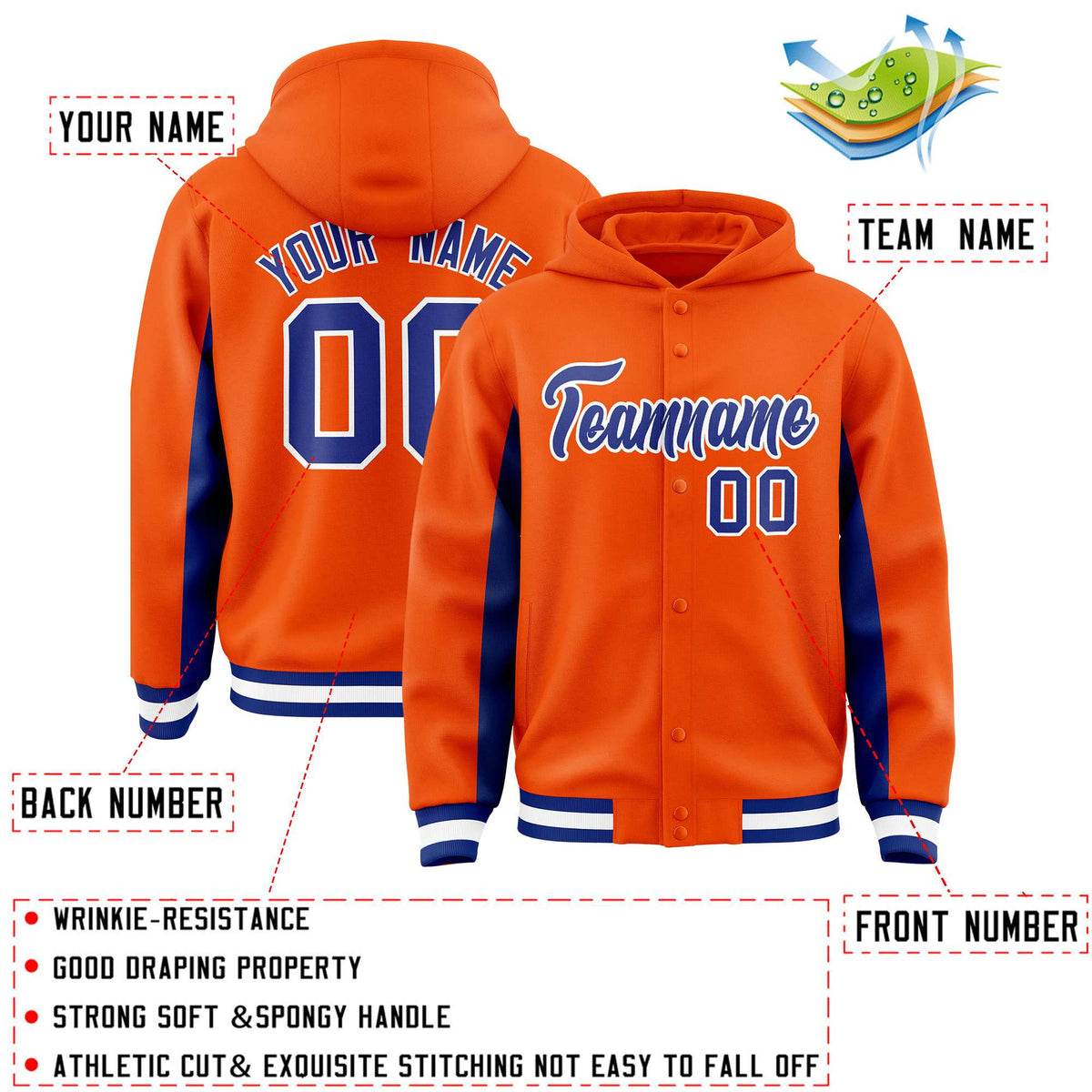 Custom Orange Royal Color Block Varsity Full-Snap Letterman Jacket Hoodie| KXKSHOP