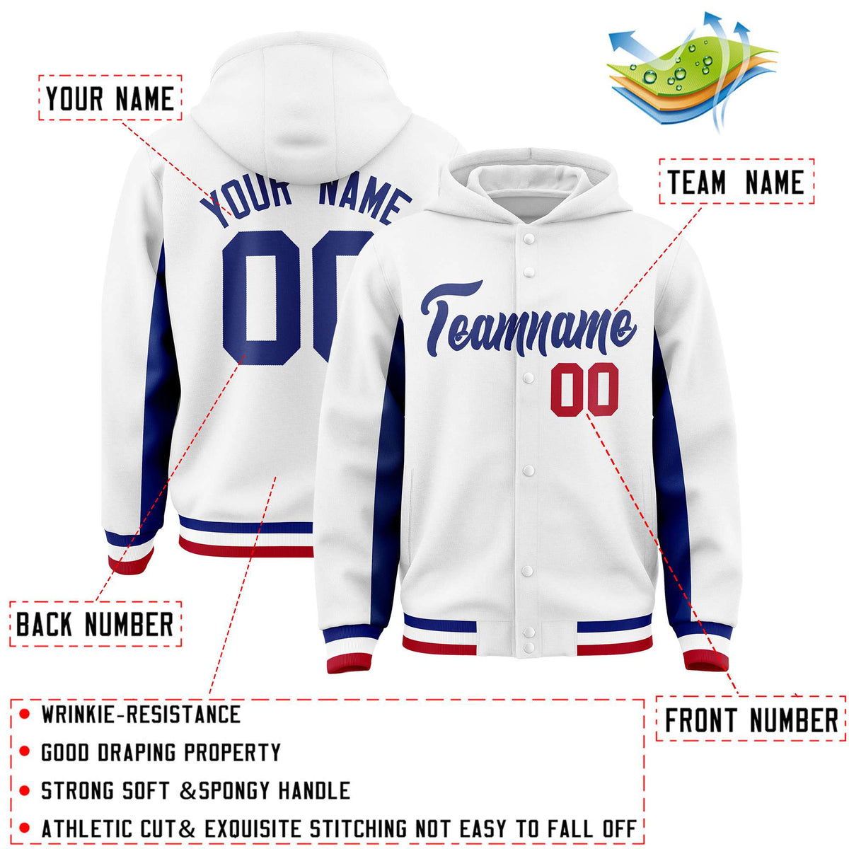 Custom White Royal Color Block Varsity Full-Snap Letterman Jacket Hoodie| KXKSHOP
