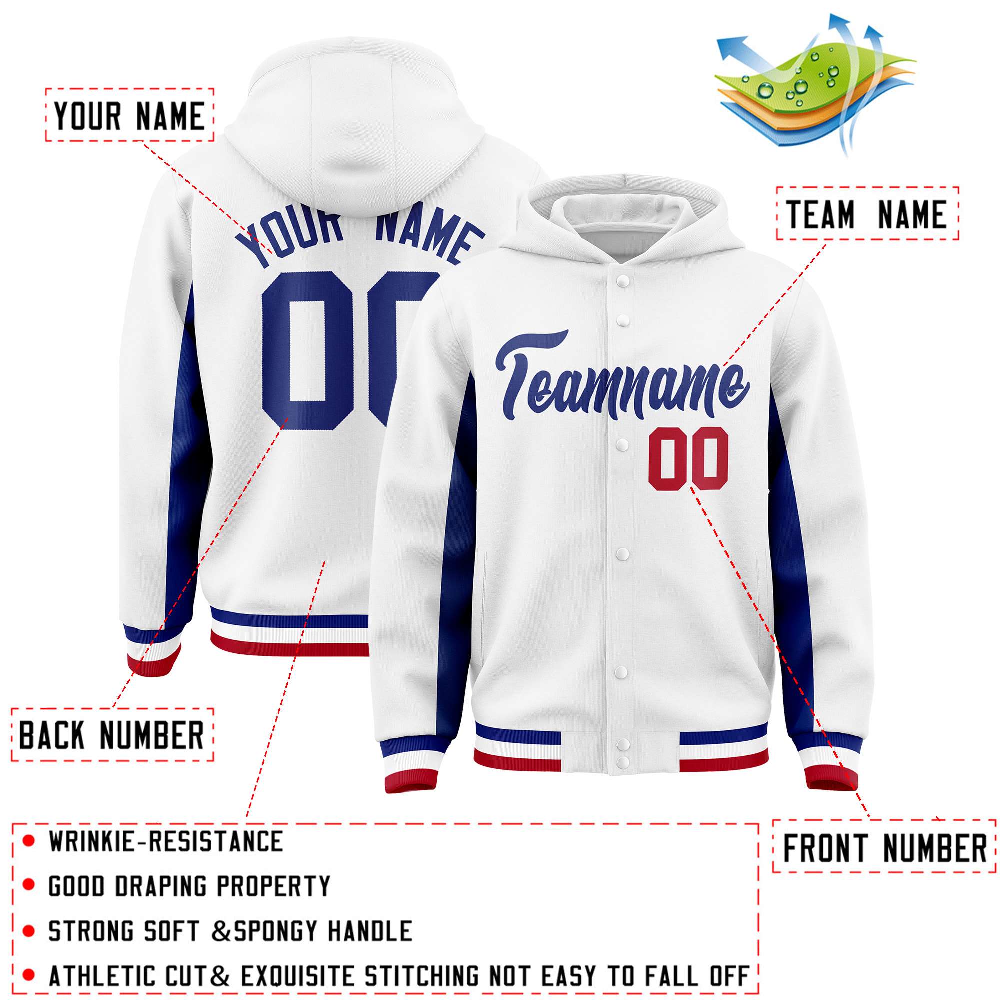 Custom White Royal Color Block Varsity Full-Snap Letterman Jacket Hoodie| KXKSHOP