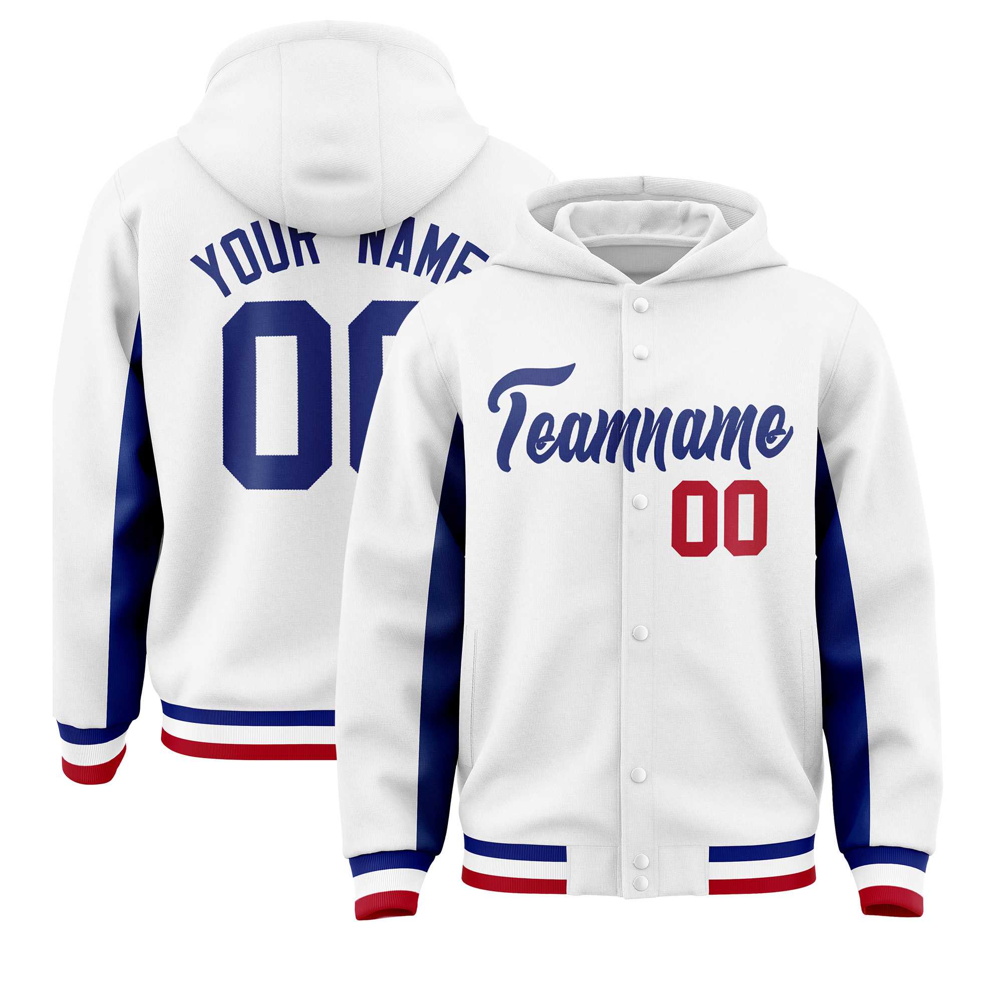 Custom White Royal Color Block Varsity Full-Snap Letterman Jacket Hoodie| KXKSHOP
