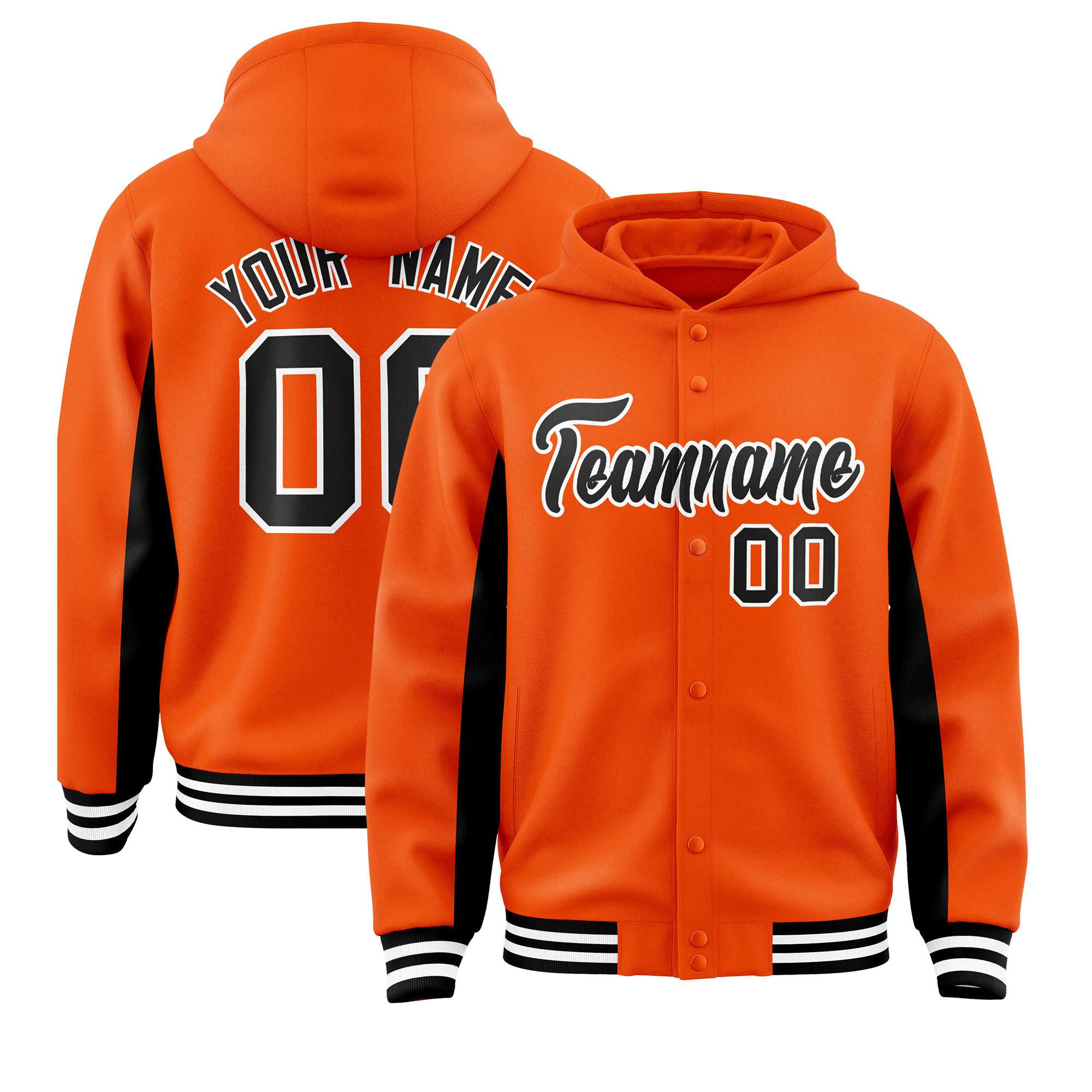 Custom Orange Black Color Block Varsity Full-Snap Letterman Jacket Hoodie| KXKSHOP