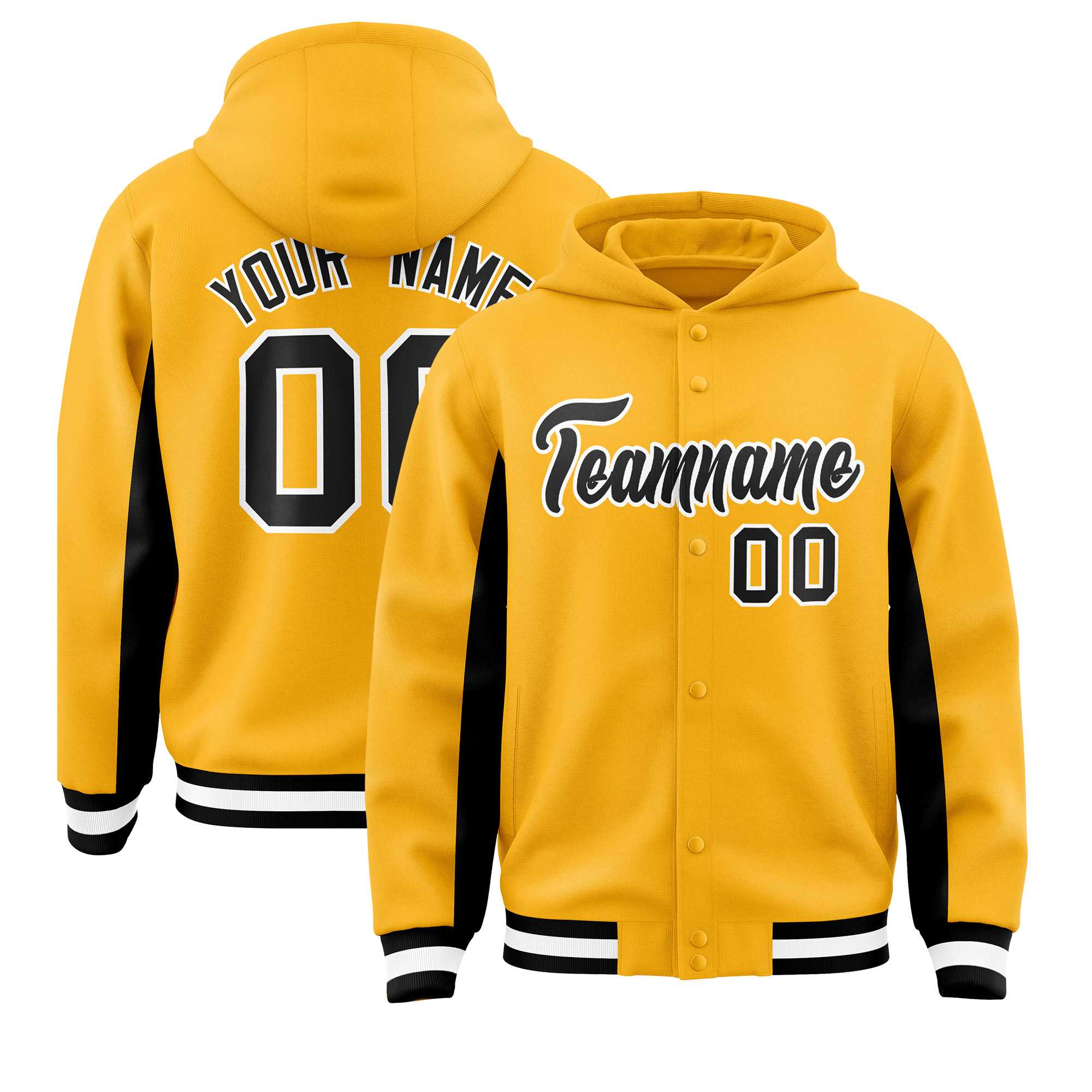 Custom Gold Black Color Block Varsity Full-Snap Letterman Jacket Hoodie| KXKSHOP