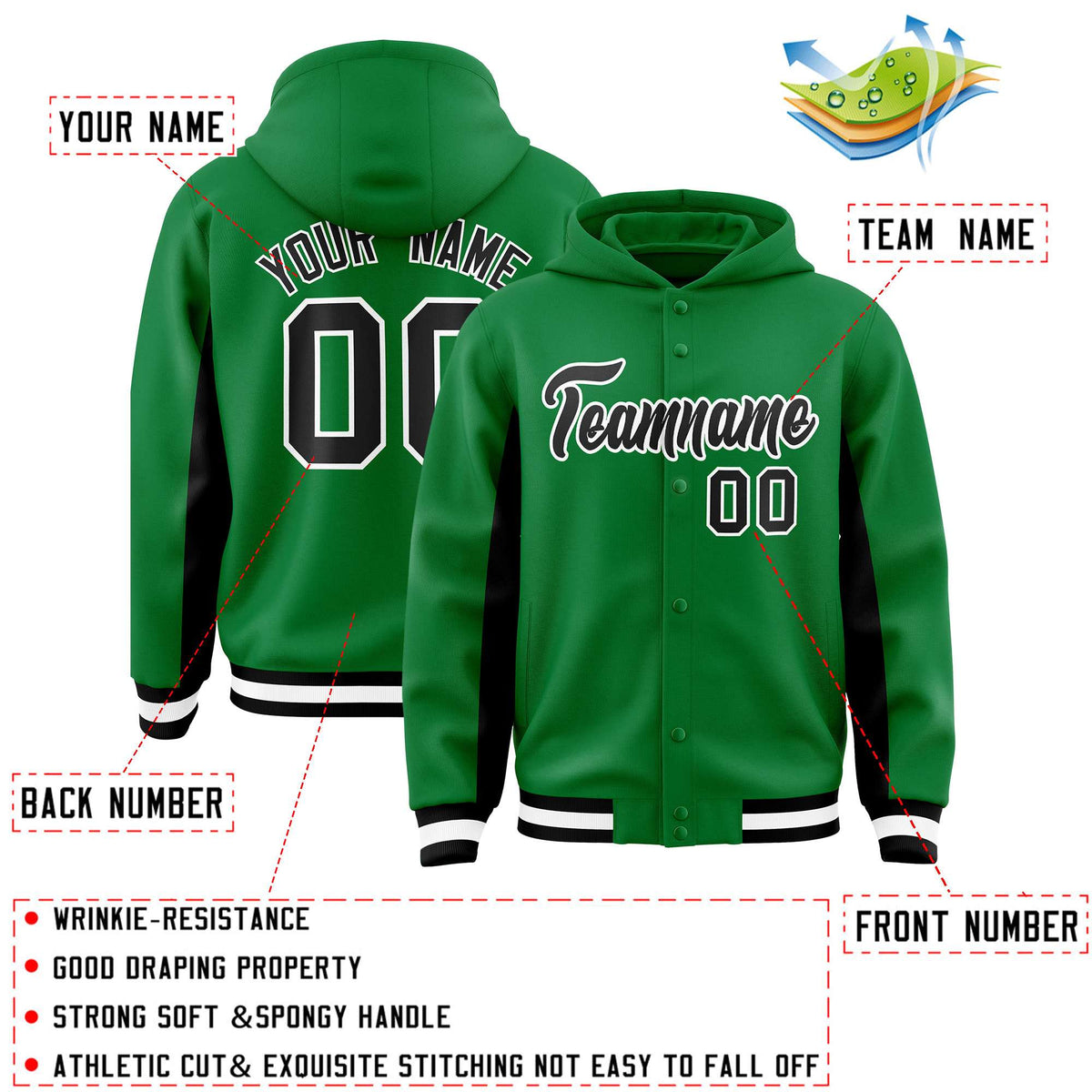 Custom Kelly Green Black Color Block Varsity Full-Snap Letterman Jacket Hoodie| KXKSHOP