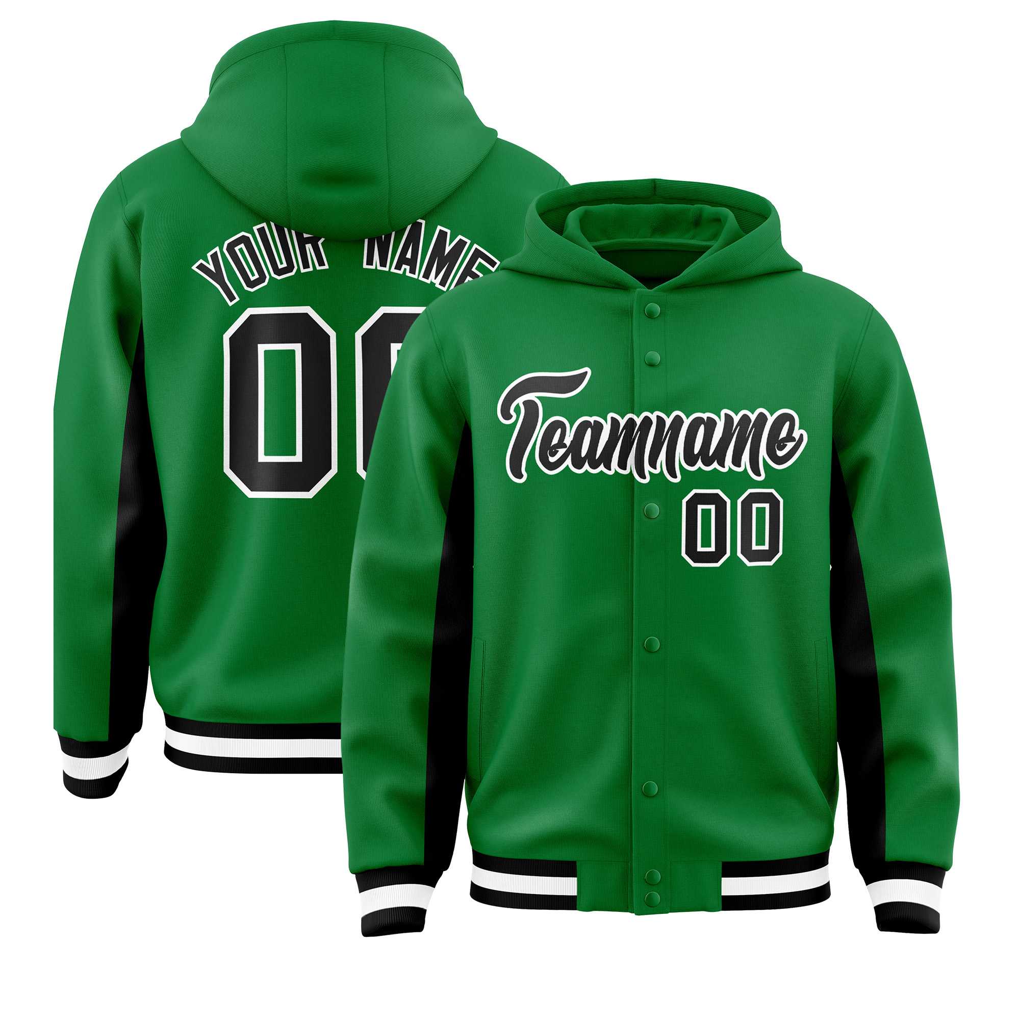 Custom Kelly Green Black Color Block Varsity Full-Snap Letterman Jacket Hoodie| KXKSHOP