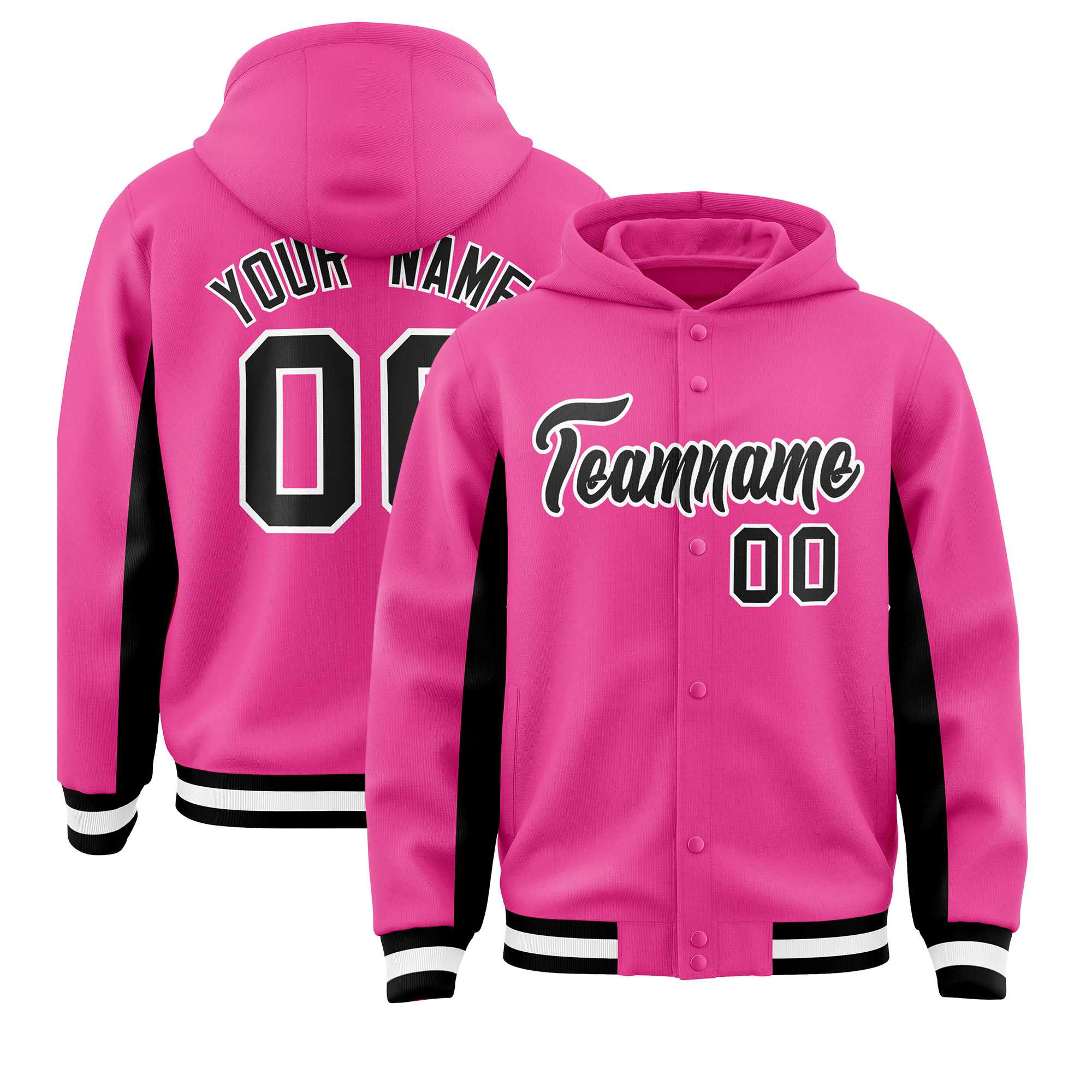 Custom Pink Black Color Block Varsity Full-Snap Letterman Jacket Hoodie| KXKSHOP
