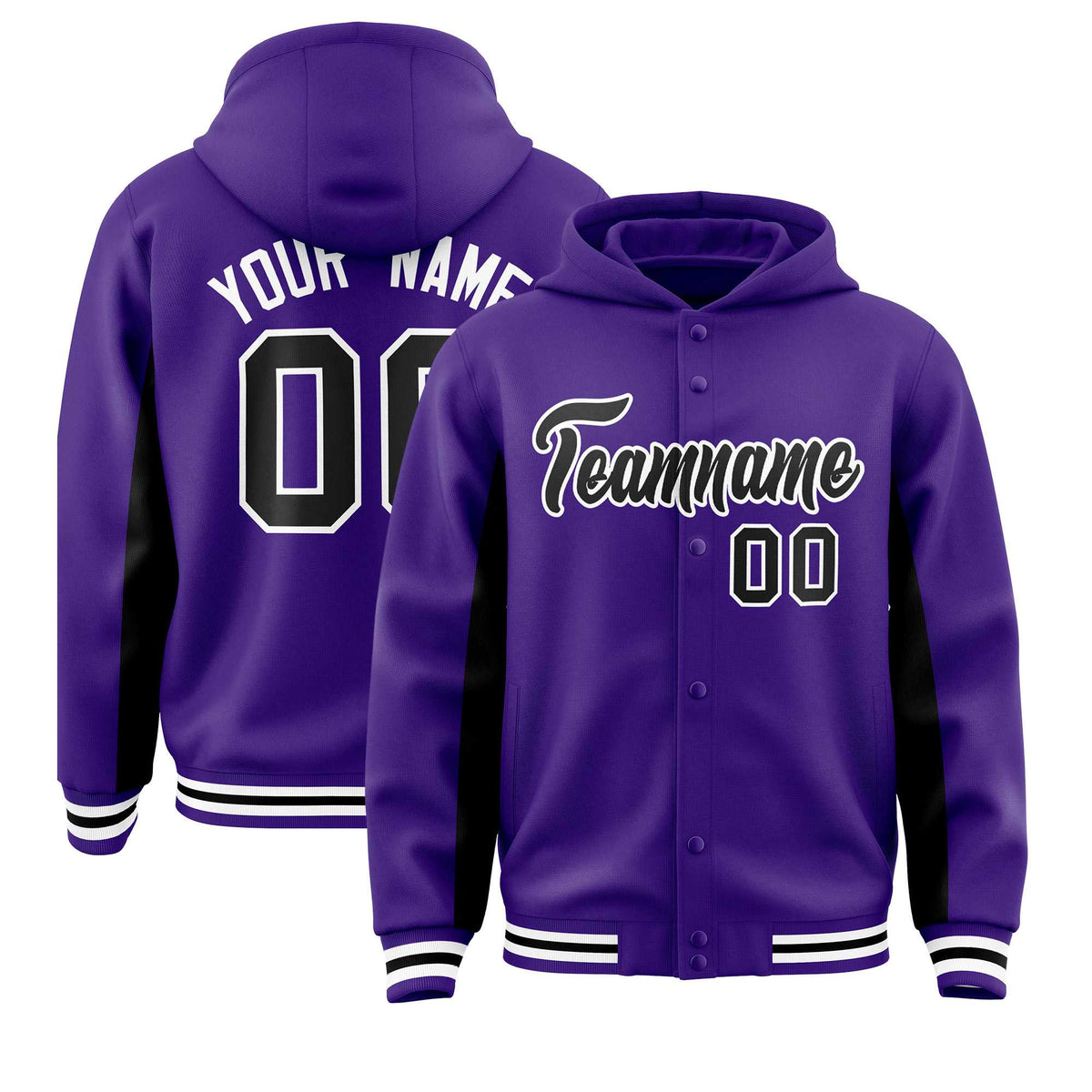 Custom Purple Black Color Block Varsity Full-Snap Letterman Jacket Hoodie| KXKSHOP