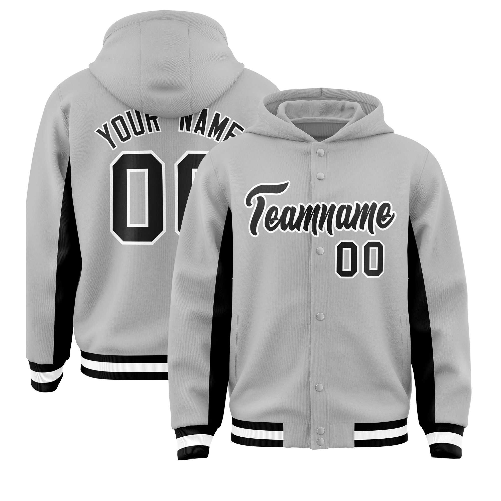 Custom Gray Black Color Block Varsity Full-Snap Letterman Jacket Hoodie| KXKSHOP