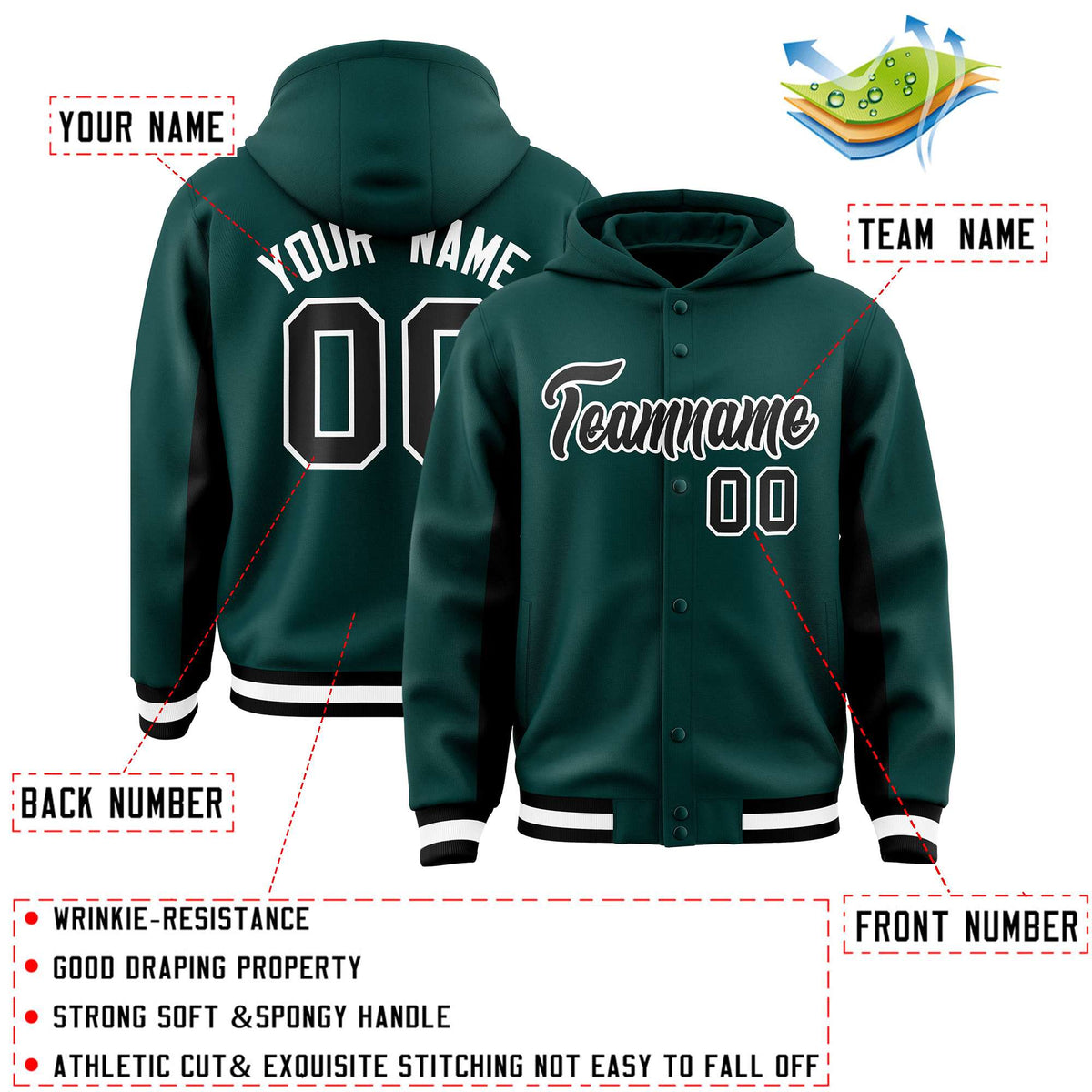 Custom Midnight Green Black Color Block Varsity Full-Snap Letterman Jacket Hoodie| KXKSHOP