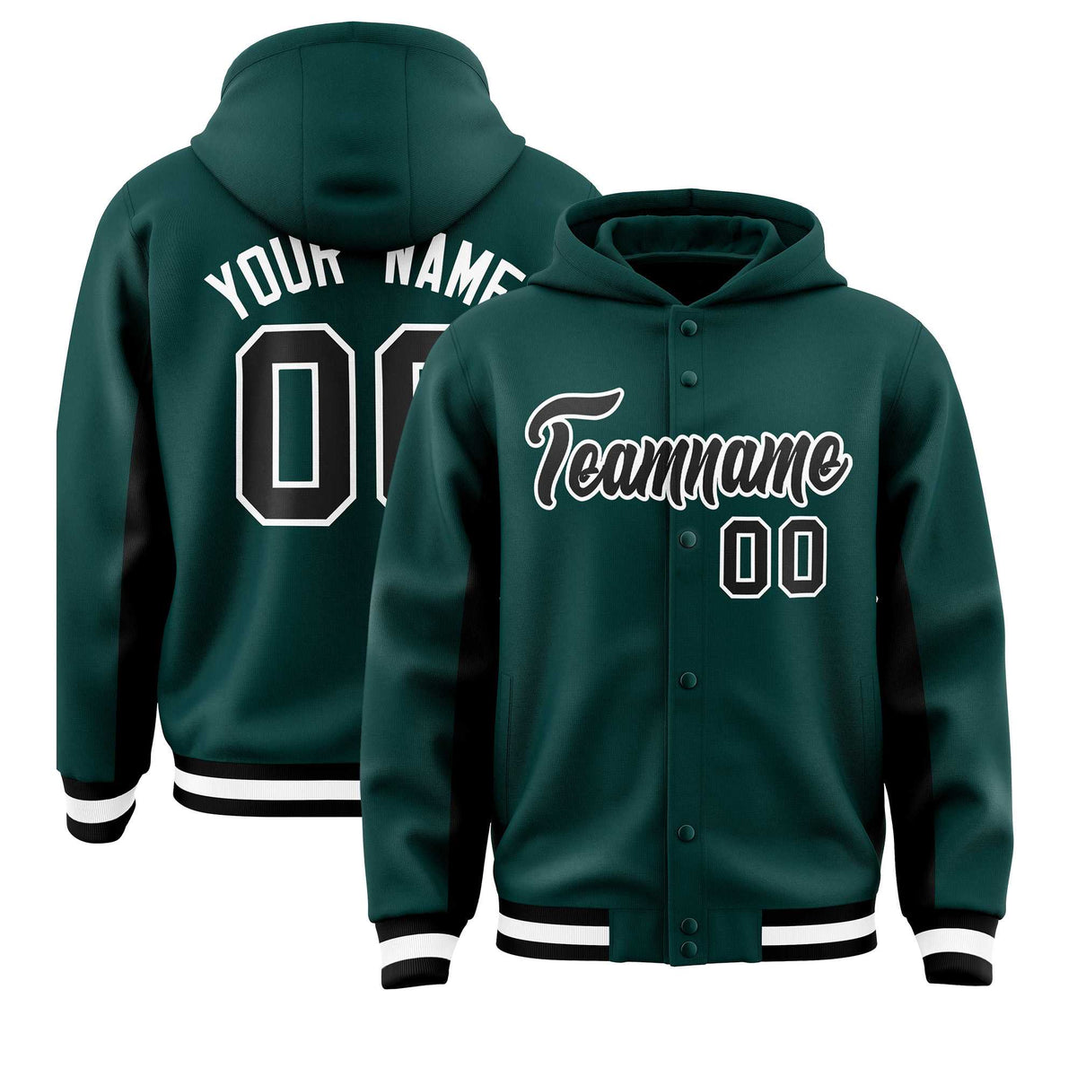 Custom Midnight Green Black Color Block Varsity Full-Snap Letterman Jacket Hoodie| KXKSHOP