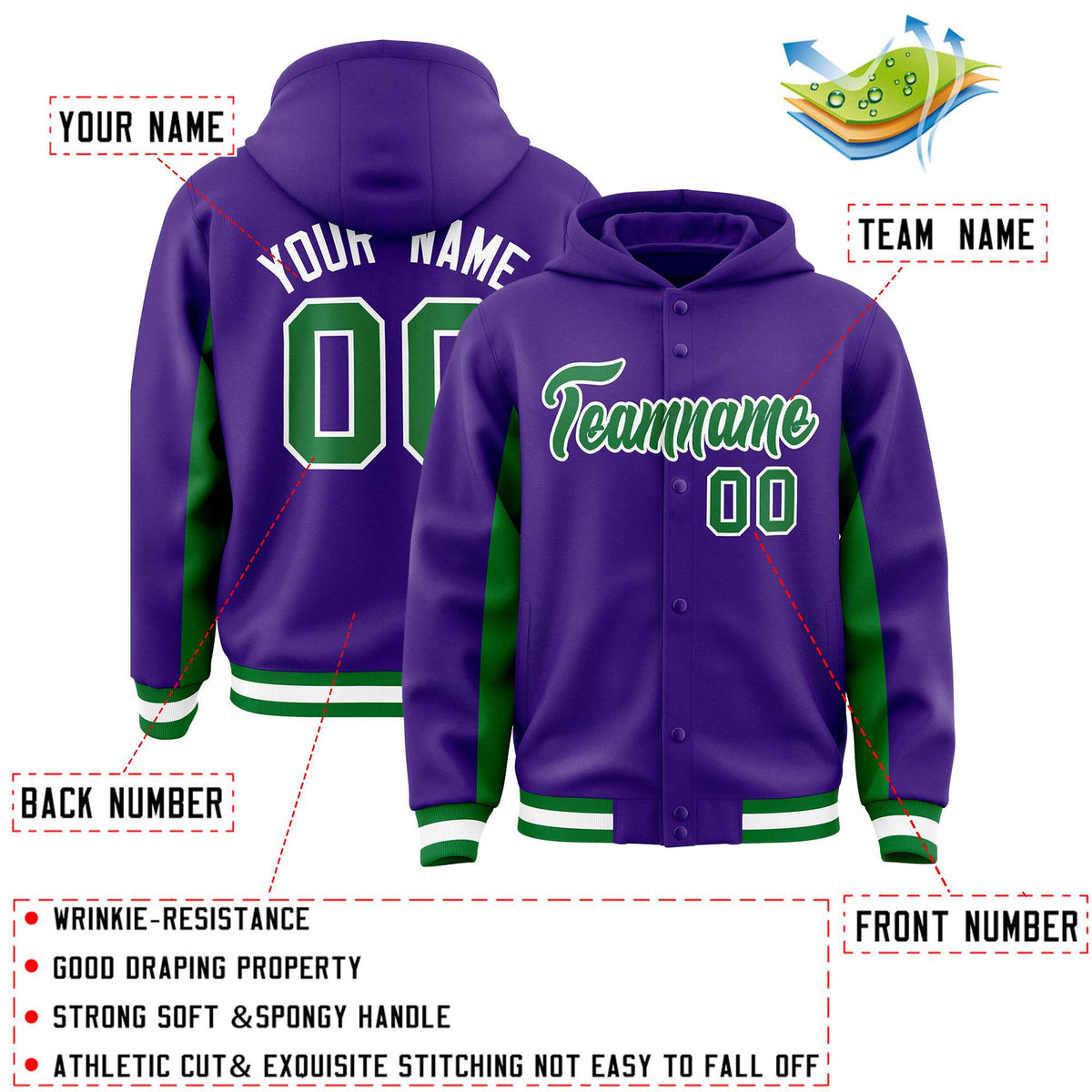 Custom Purple Kelly Green Color Block Varsity Full-Snap Letterman Jacket Hoodie| KXKSHOP