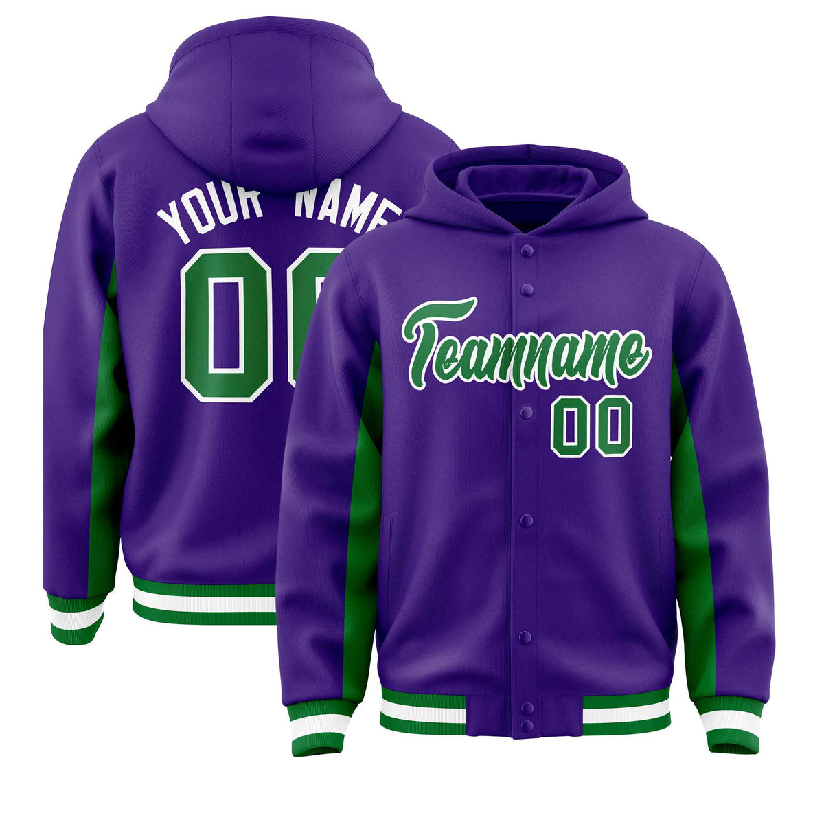 Custom Purple Kelly Green Color Block Varsity Full-Snap Letterman Jacket Hoodie| KXKSHOP