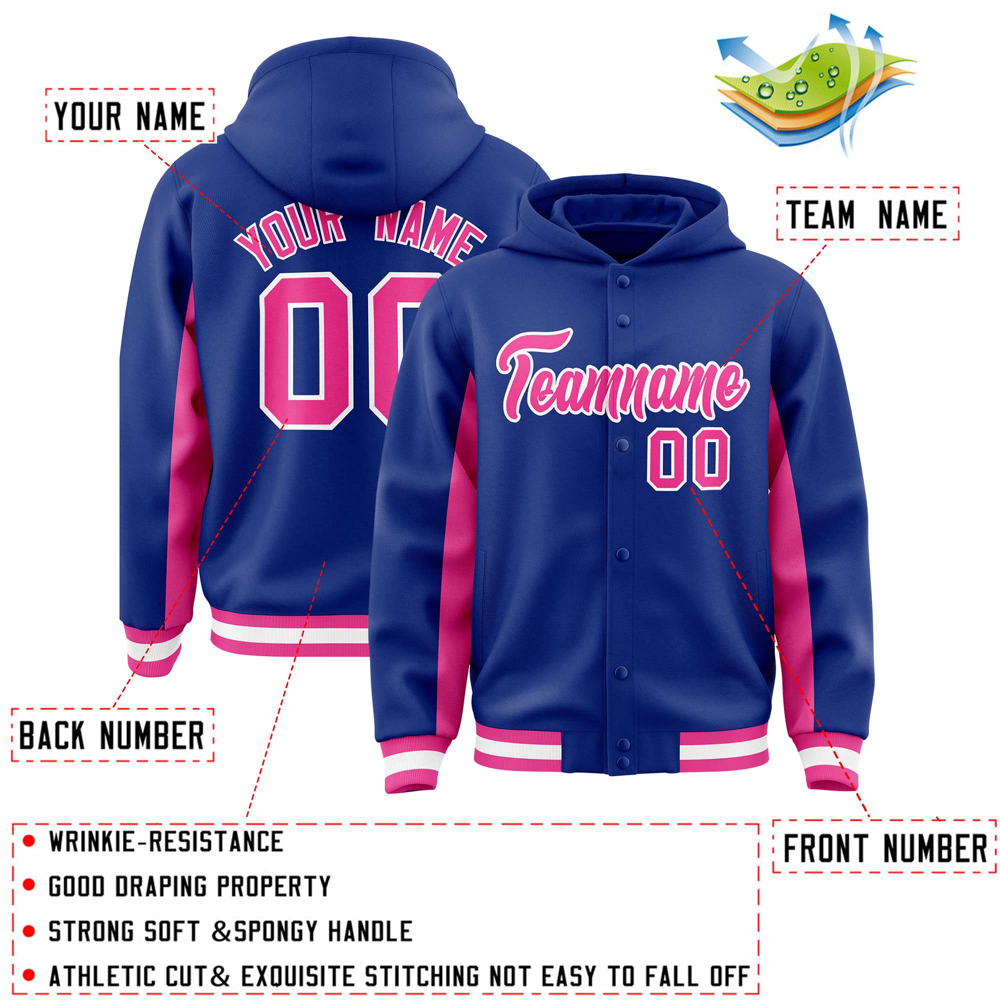 Custom Royal Pink Color Block Varsity Full-Snap Letterman Jacket Hoodie| KXKSHOP