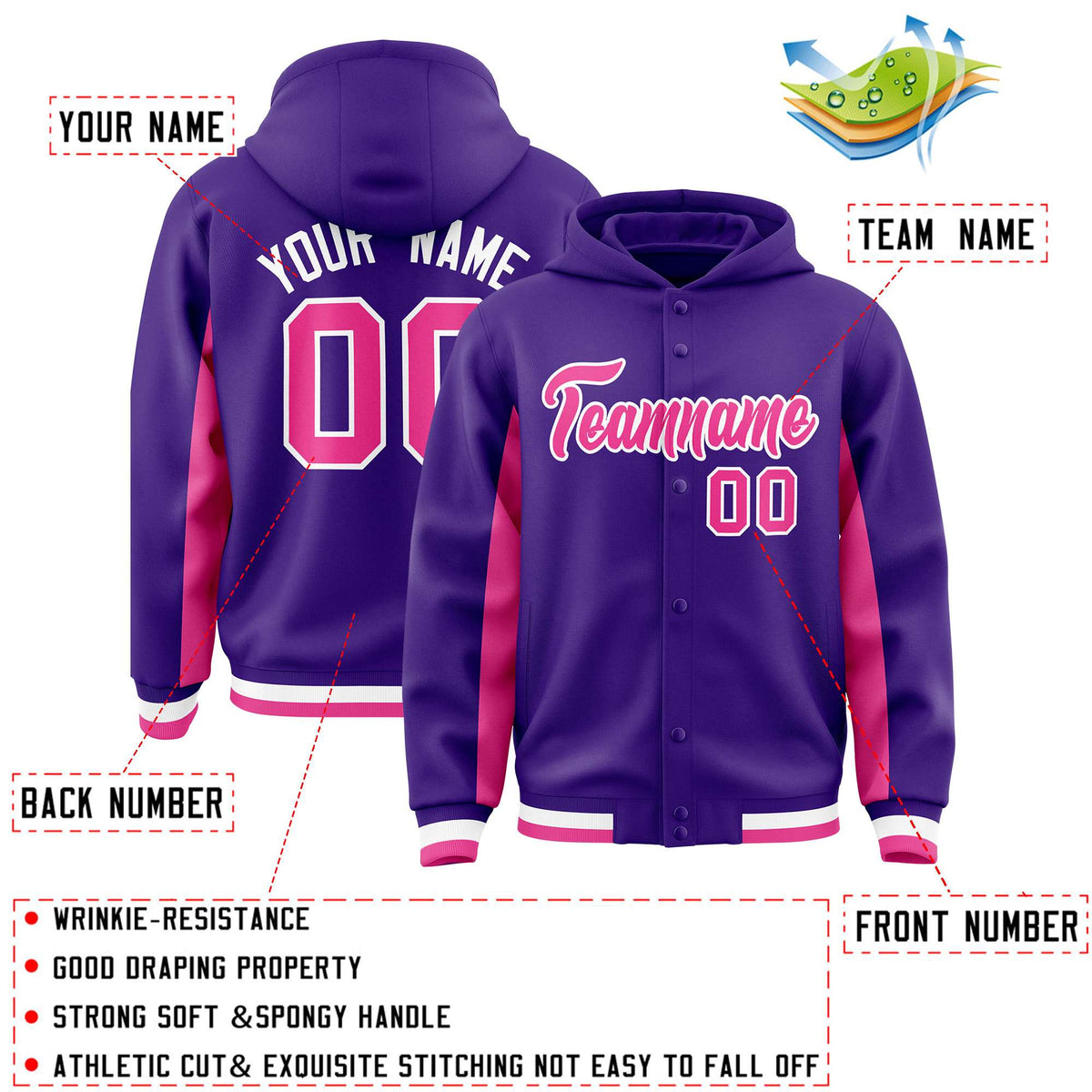 Custom Purple Pink Color Block Varsity Full-Snap Letterman Jacket Hoodie| KXKSHOP