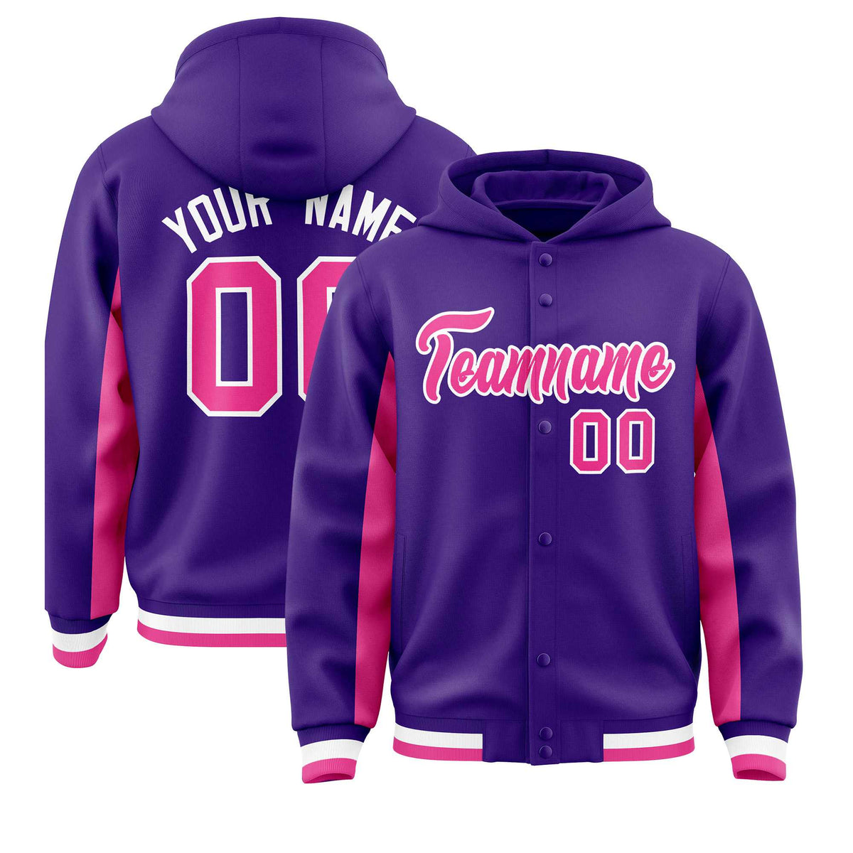 Custom Purple Pink Color Block Varsity Full-Snap Letterman Jacket Hoodie| KXKSHOP