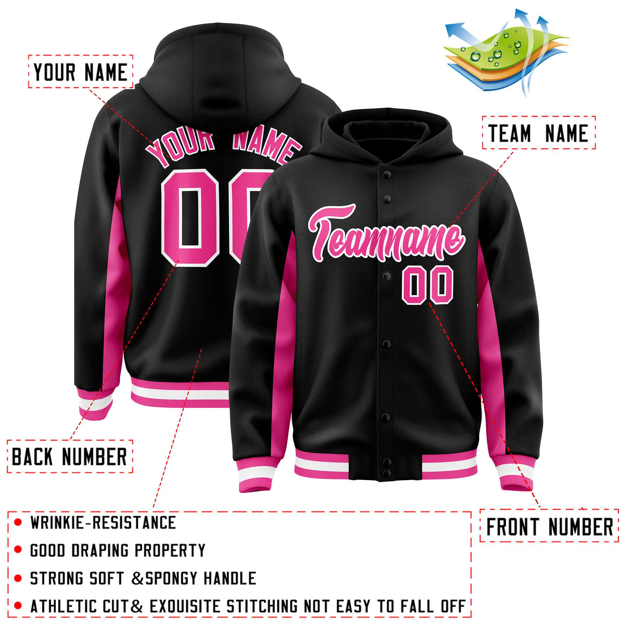 Custom Black Pink Color Block Varsity Full-Snap Letterman Jacket Hoodie| KXKSHOP