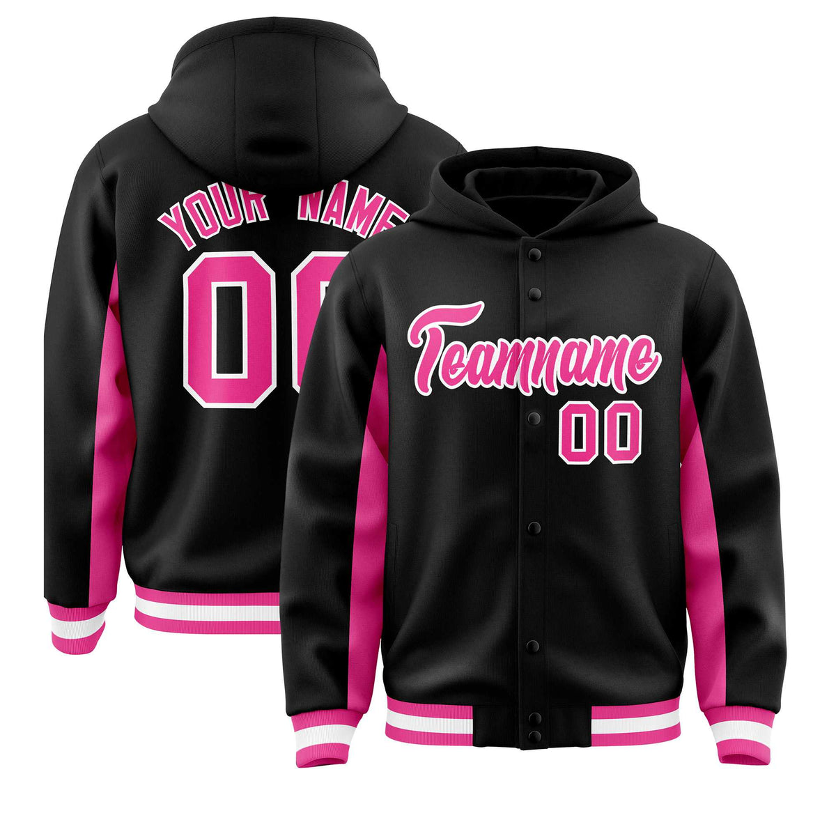 Custom Black Pink Color Block Varsity Full-Snap Letterman Jacket Hoodie| KXKSHOP