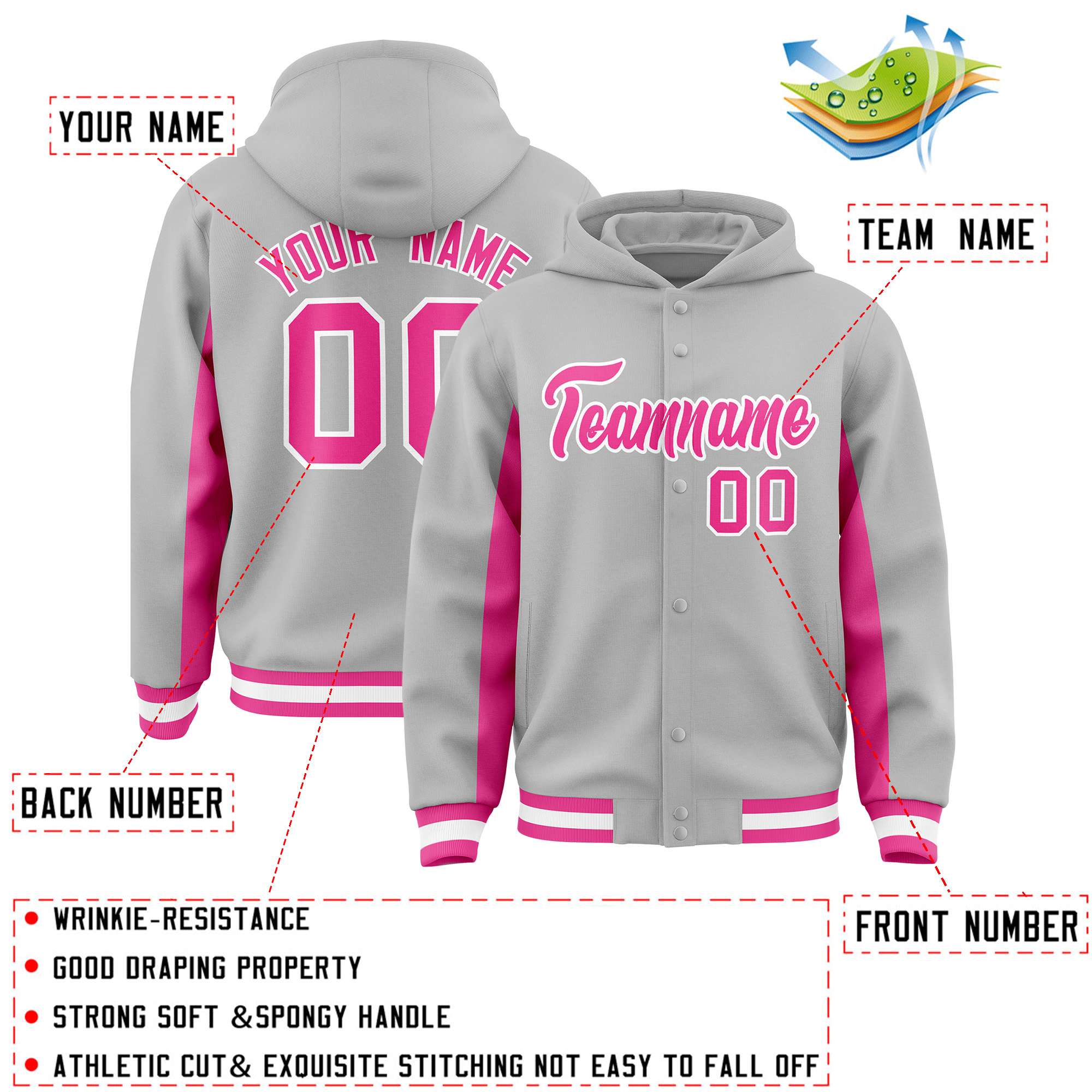 Custom Gray Pink Color Block Varsity Full-Snap Letterman Jacket Hoodie| KXKSHOP