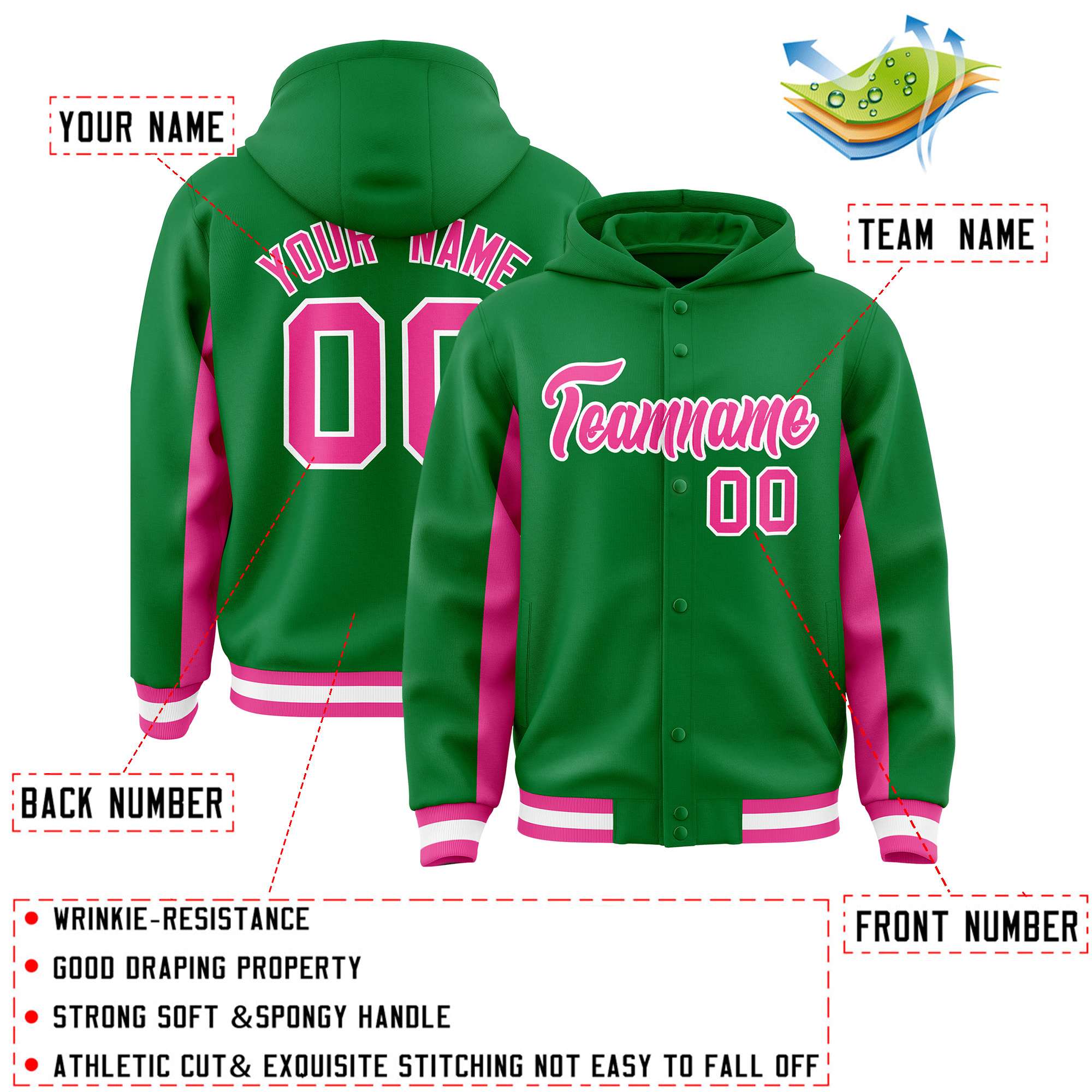 Custom Kelly Green Pink Color Block Varsity Full-Snap Letterman Jacket Hoodie| KXKSHOP