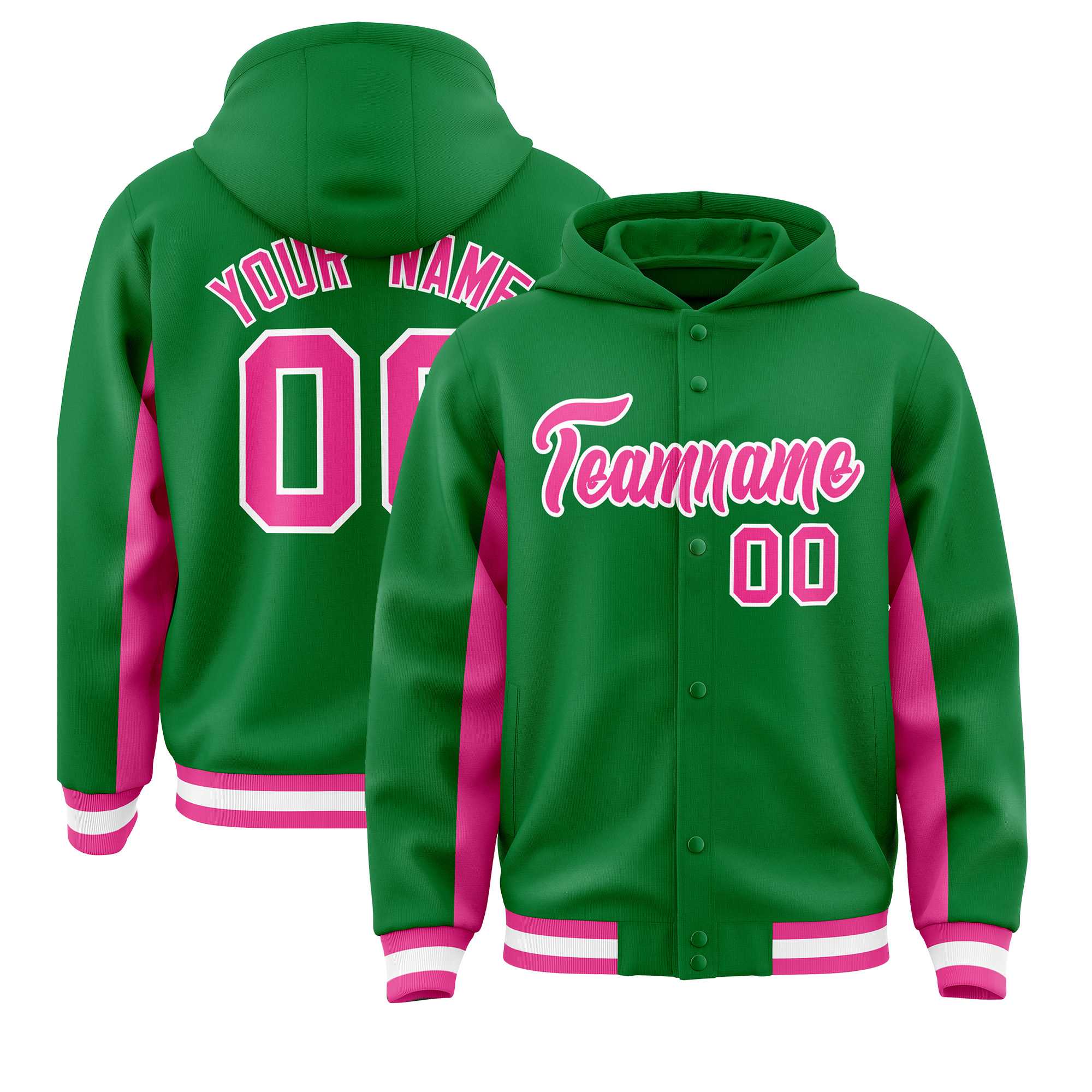 Custom Kelly Green Pink Color Block Varsity Full-Snap Letterman Jacket Hoodie| KXKSHOP