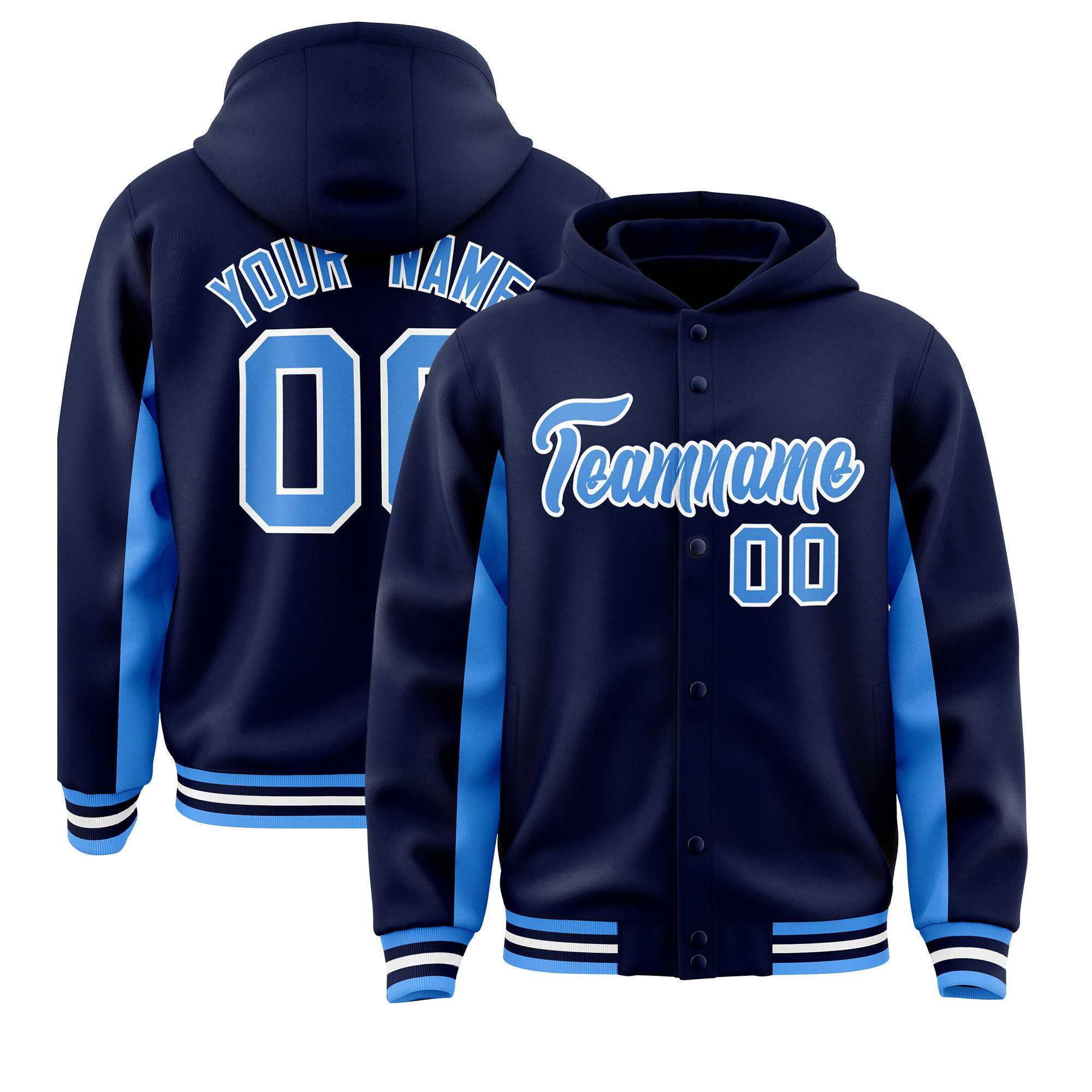 Custom Navy Powder Blue Color Block Varsity Full-Snap Letterman Jacket Hoodie| KXKSHOP