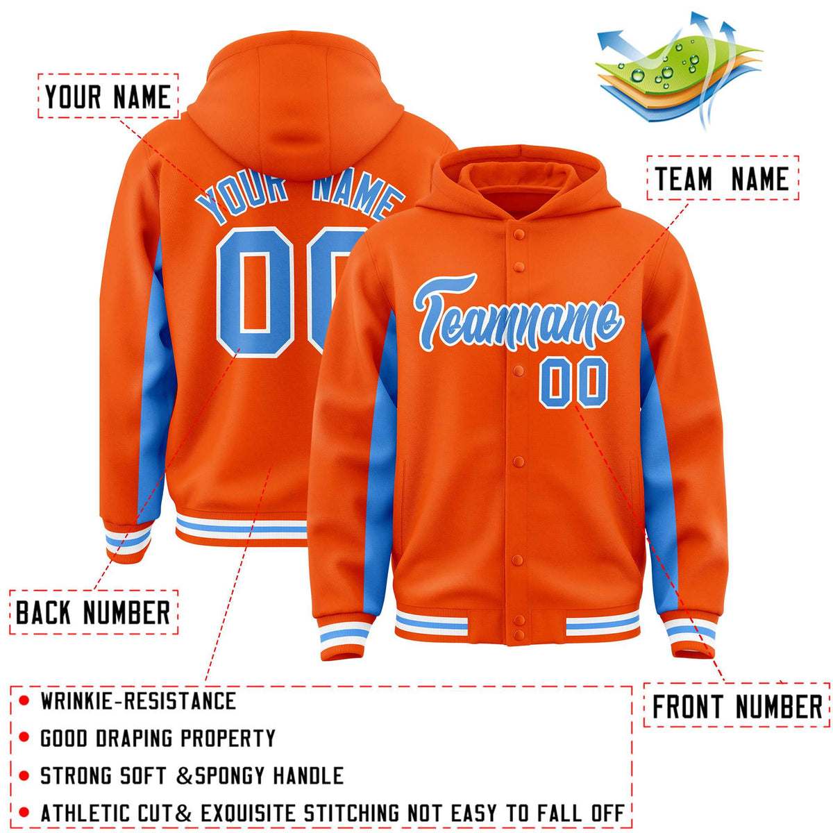 Custom Orange Powder Blue Color Block Varsity Full-Snap Letterman Jacket Hoodie| KXKSHOP