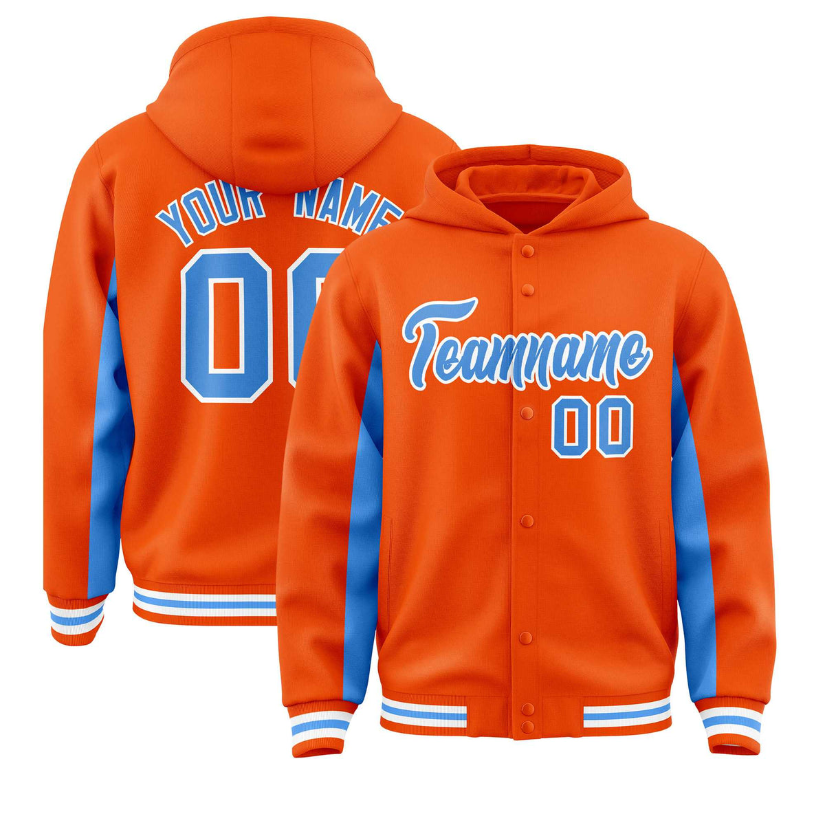 Custom Orange Powder Blue Color Block Varsity Full-Snap Letterman Jacket Hoodie| KXKSHOP