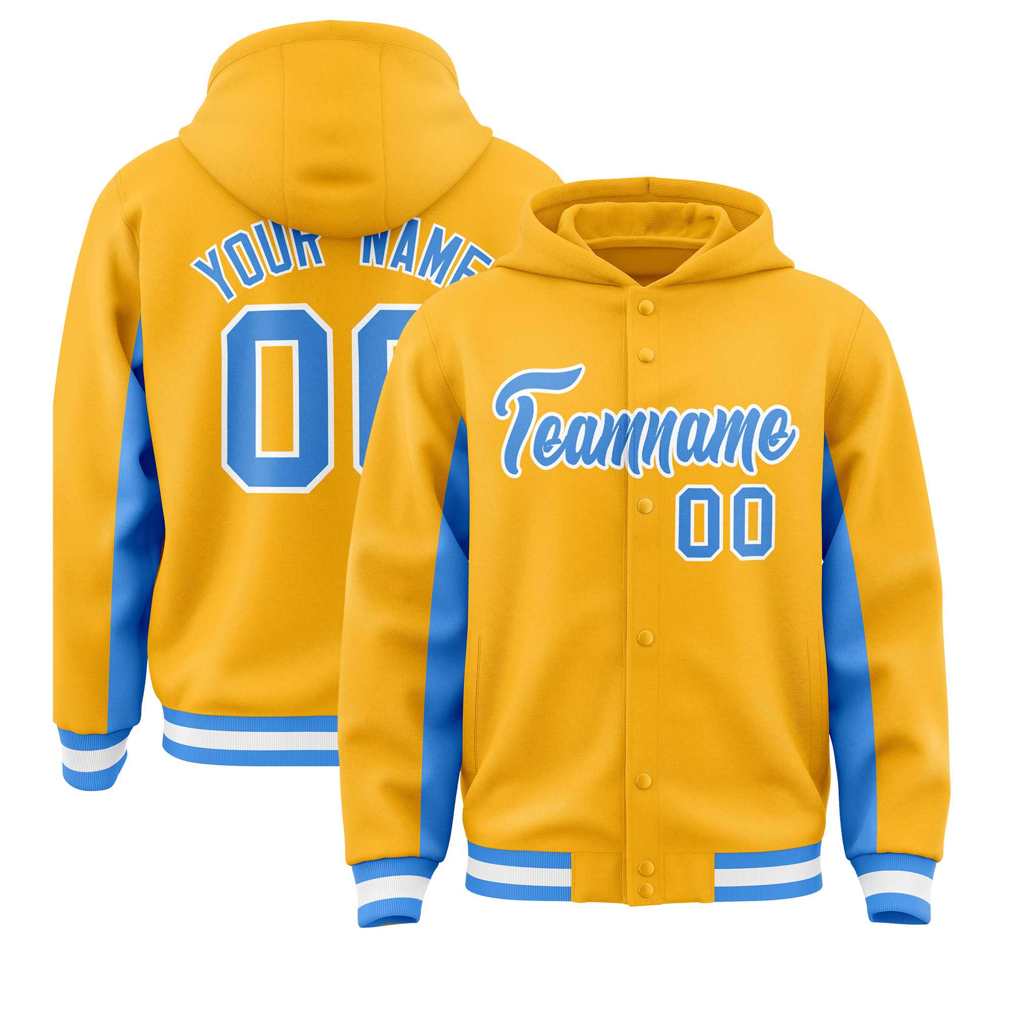 Custom Gold Powder Blue Color Block Varsity Full-Snap Letterman Jacket Hoodie| KXKSHOP