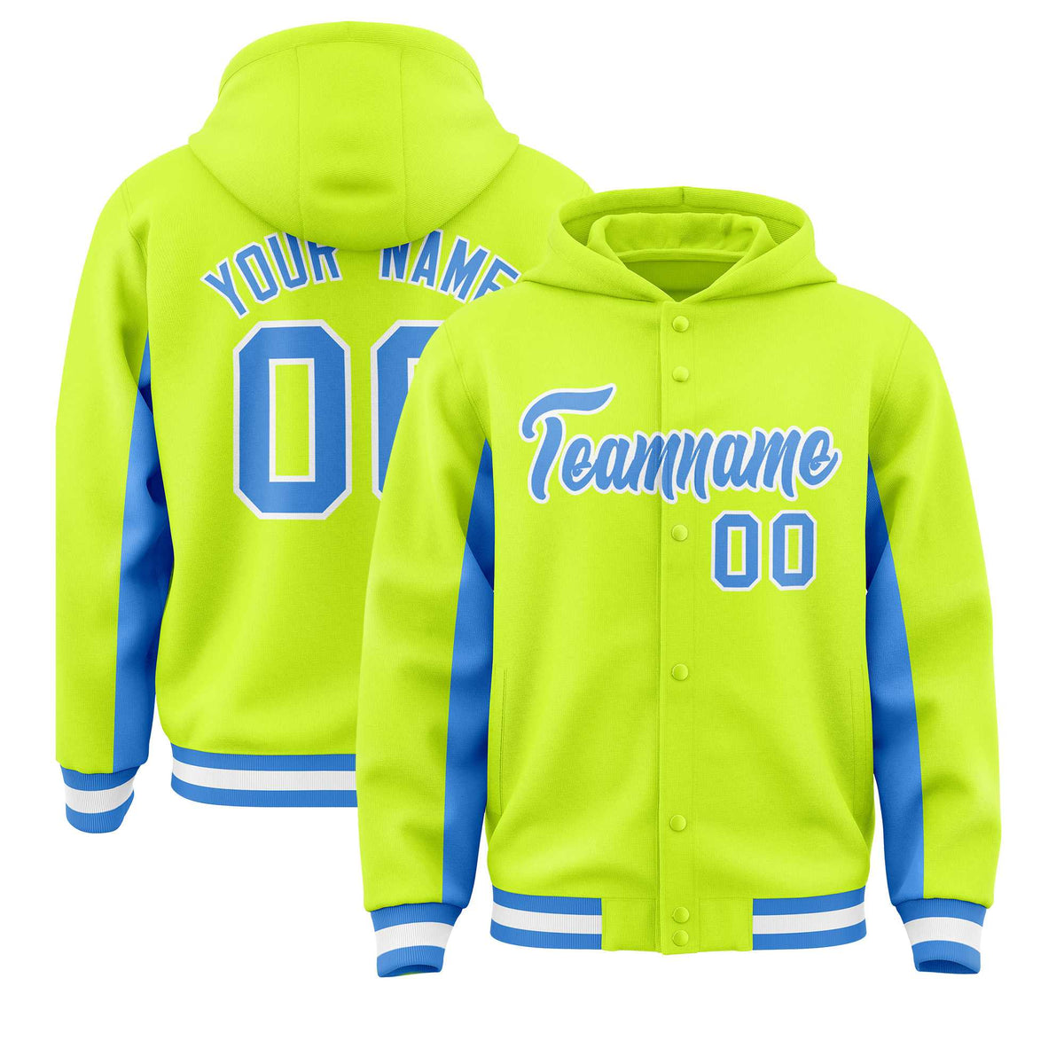 Custom Neon Green Powder Blue Color Block Varsity Full-Snap Letterman Jacket Hoodie| KXKSHOP