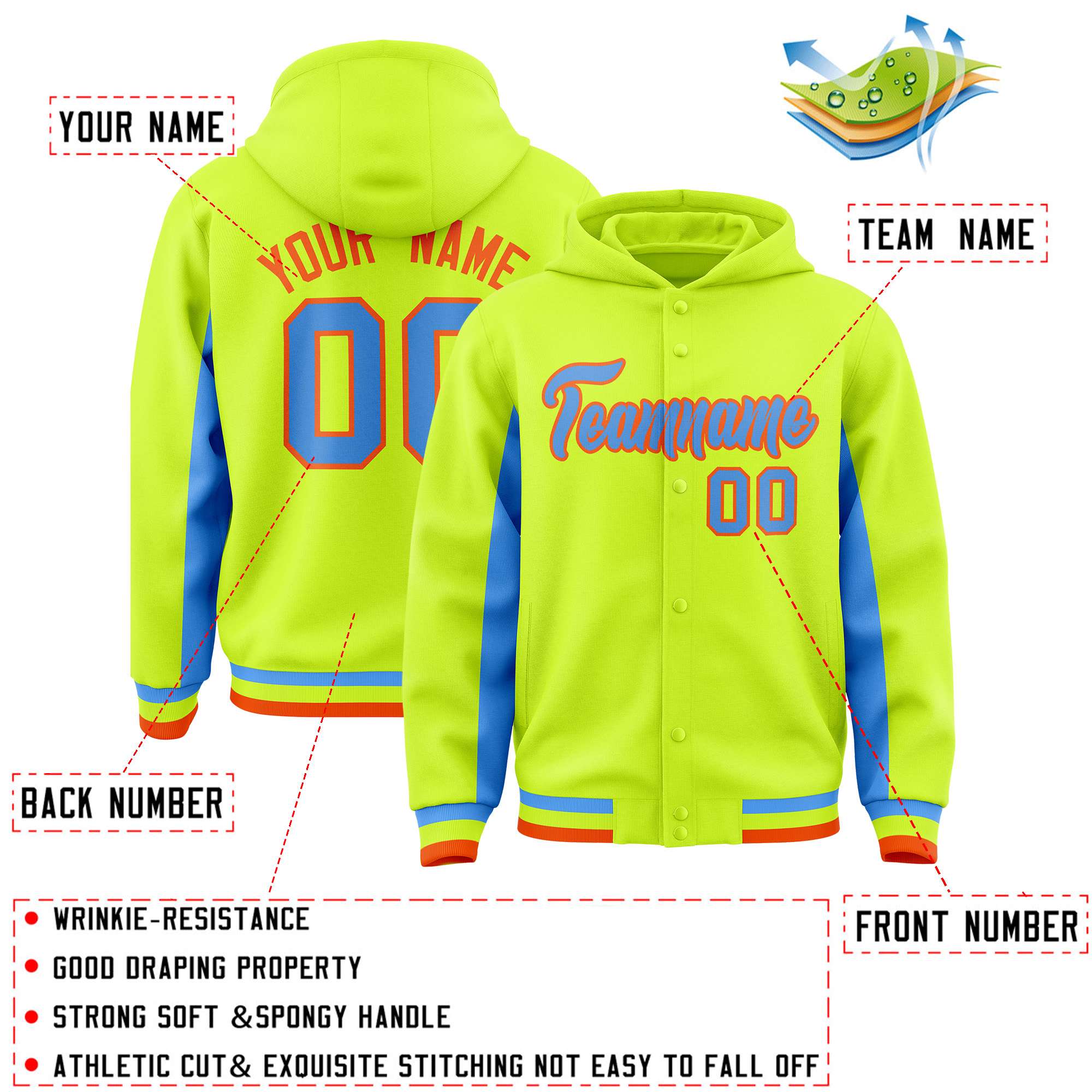 Custom Neon Green Powder Blue Color Block Varsity Full-Snap Letterman Jacket Hoodie| KXKSHOP
