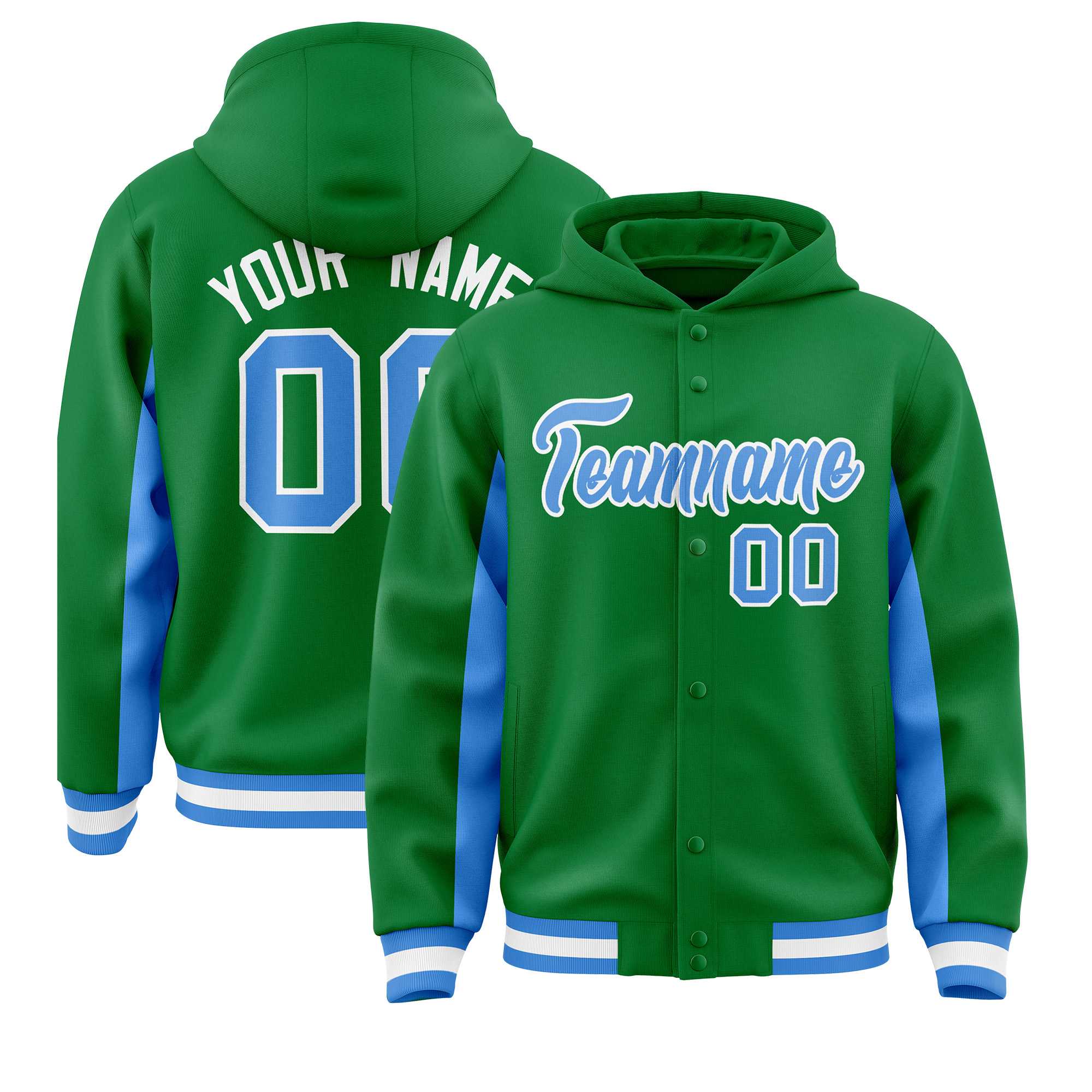 Custom Kelly Green Powder Blue Color Block Varsity Full-Snap Letterman Jacket Hoodie| KXKSHOP