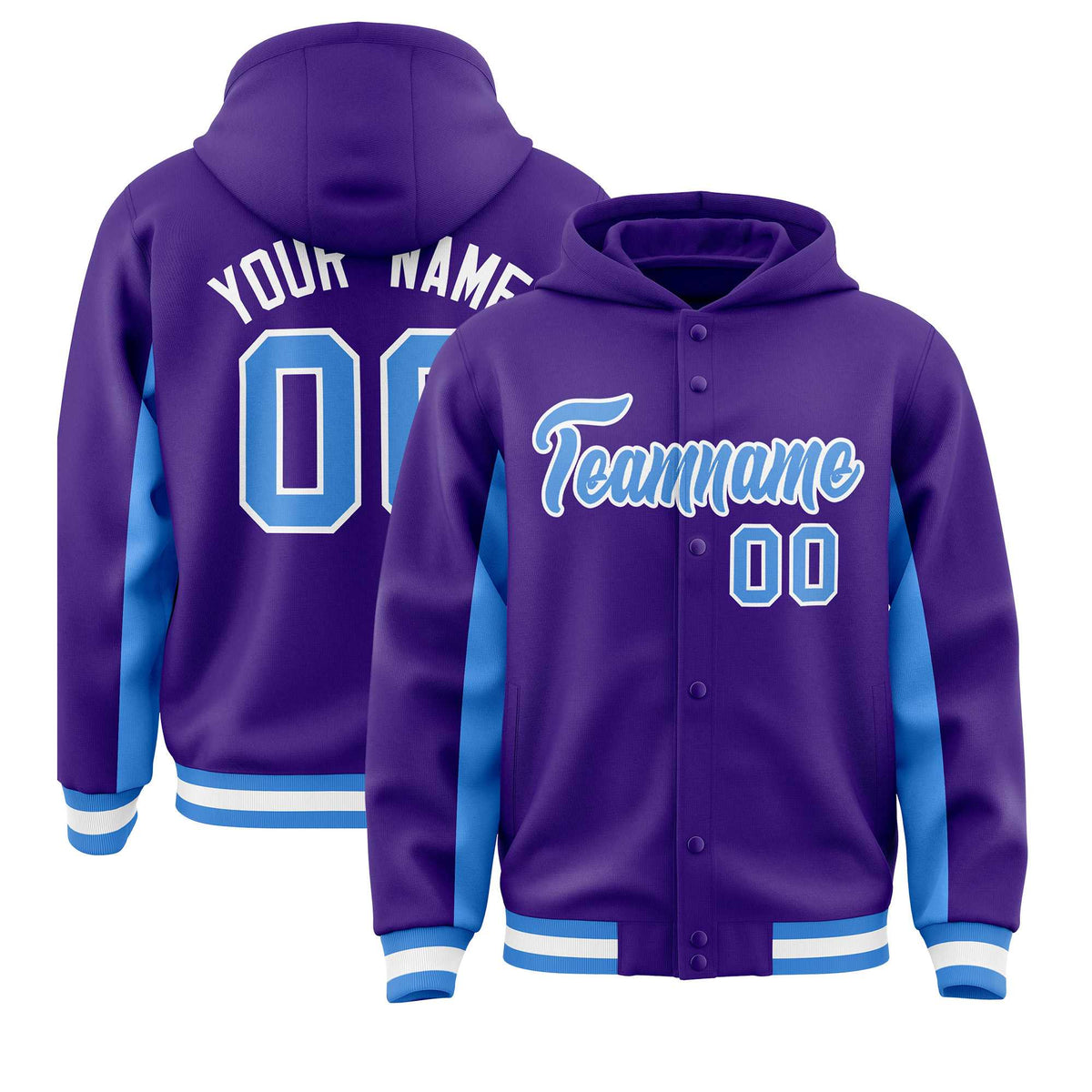 Custom Purple Powder Blue Color Block Varsity Full-Snap Letterman Jacket Hoodie| KXKSHOP