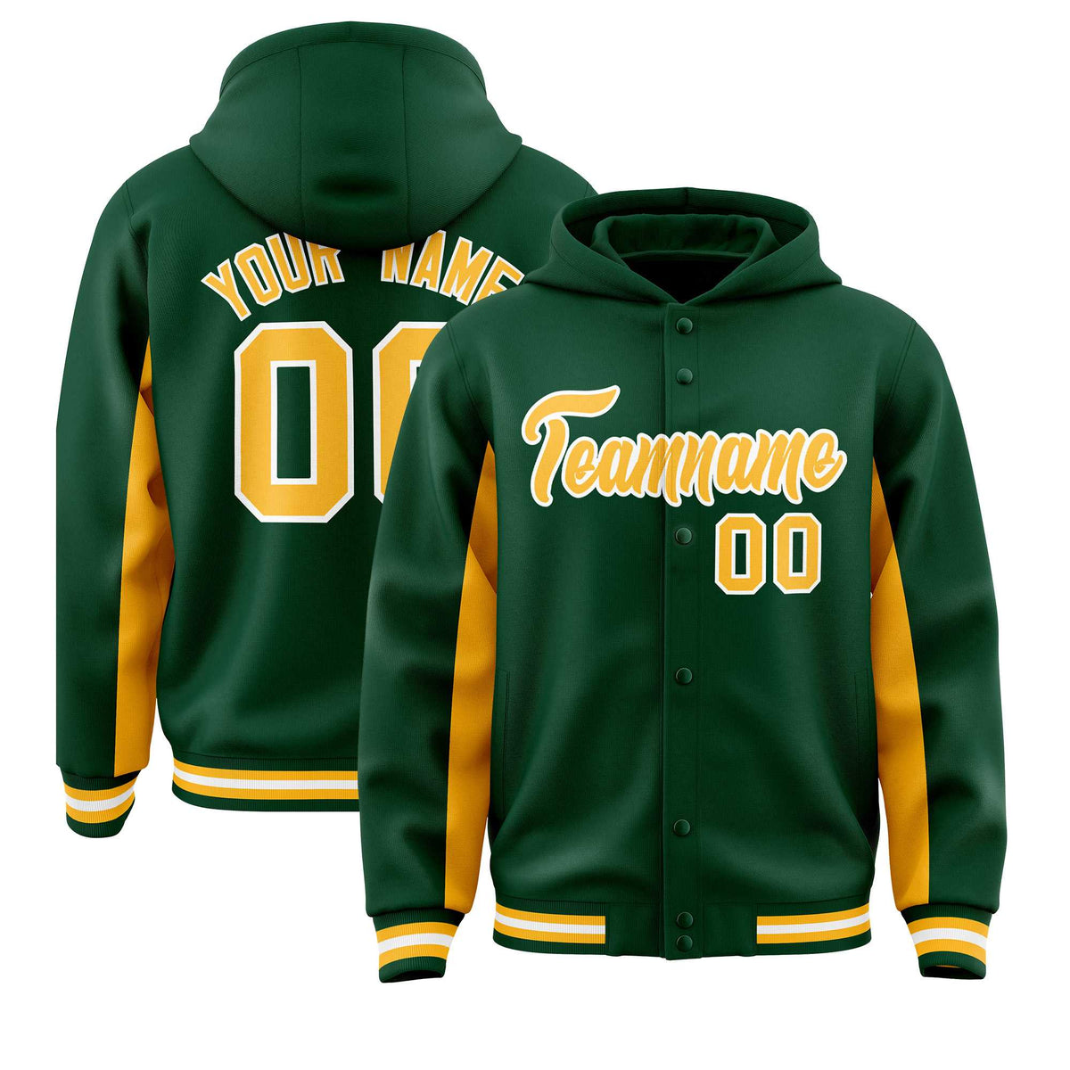 Custom Green Gold Color Block Varsity Full-Snap Letterman Jacket Hoodie| KXKSHOP