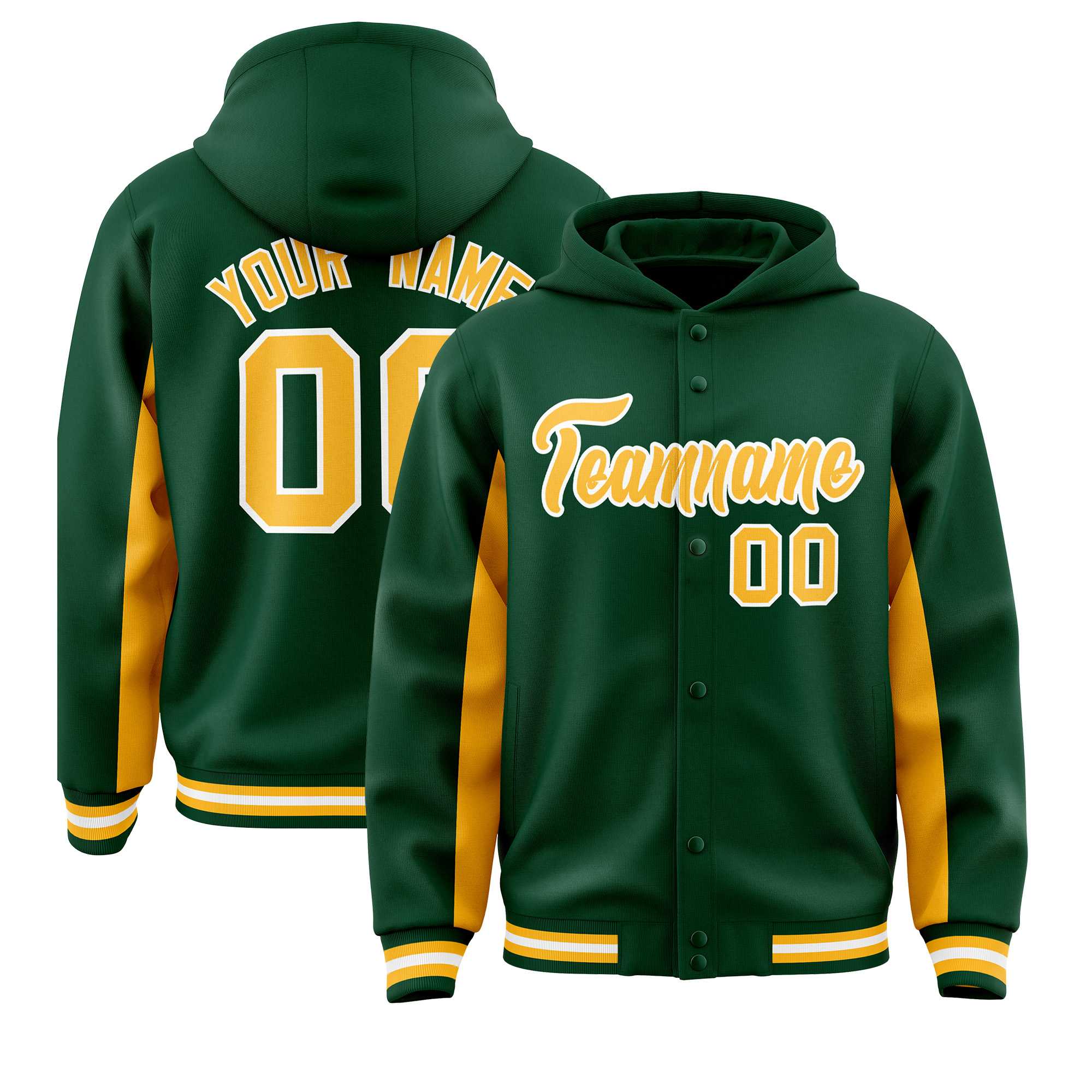 Custom Green Gold Color Block Varsity Full-Snap Letterman Jacket Hoodie| KXKSHOP