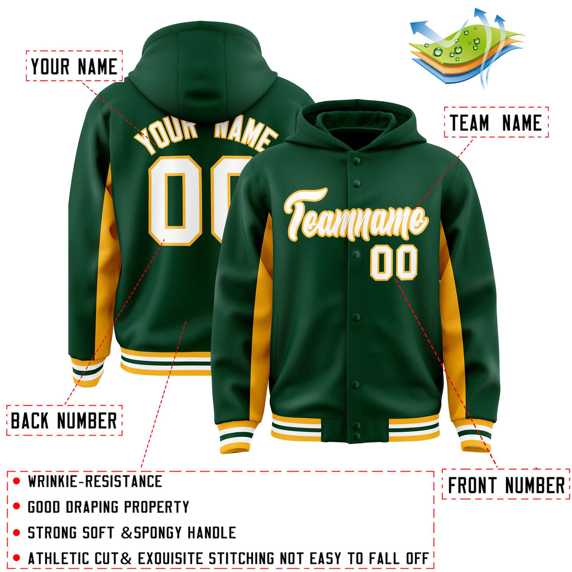 Custom Green Gold Color Block Varsity Full-Snap Letterman Jacket Hoodie| KXKSHOP