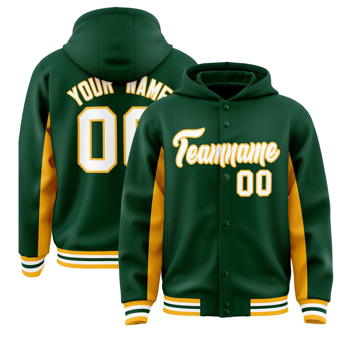 Custom Green Gold Color Block Varsity Full-Snap Letterman Jacket Hoodie| KXKSHOP
