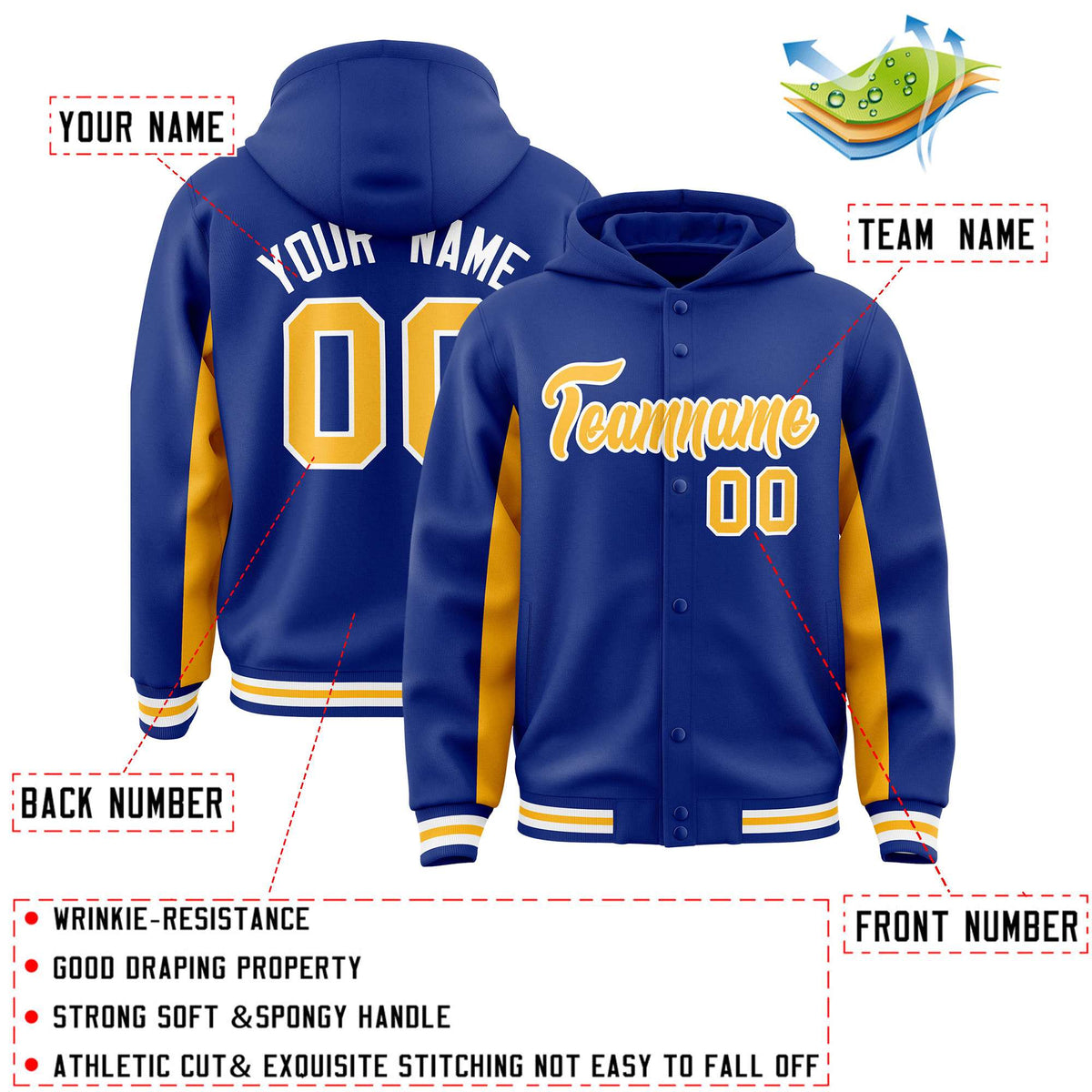 Custom Royal Gold Color Block Varsity Full-Snap Letterman Jacket Hoodie| KXKSHOP