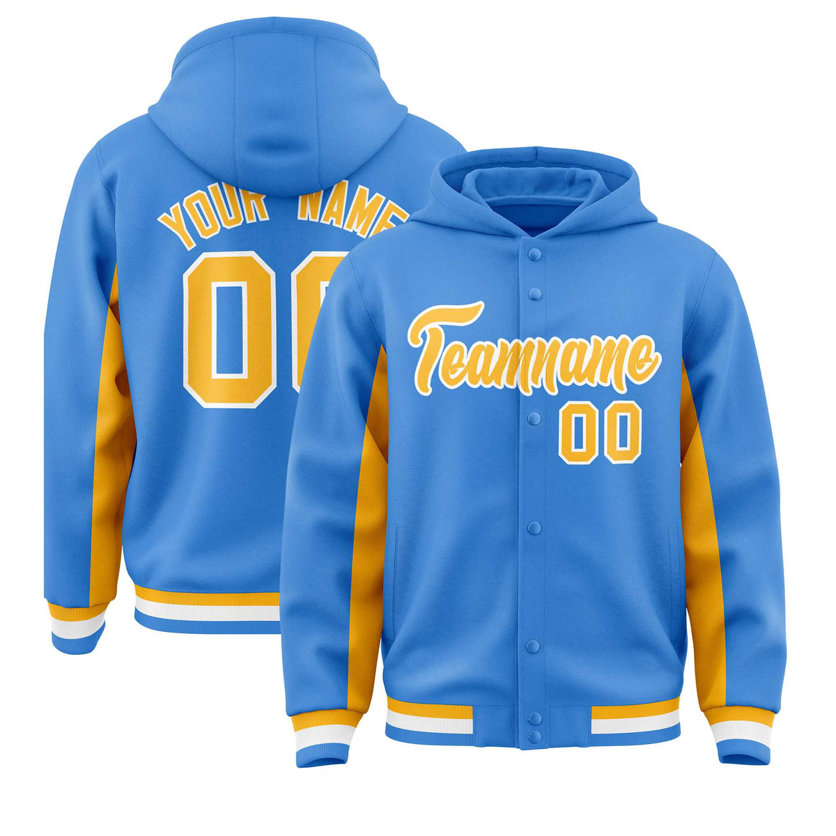 Custom Powder Blue Gold Color Block Varsity Full-Snap Letterman Jacket Hoodie| KXKSHOP