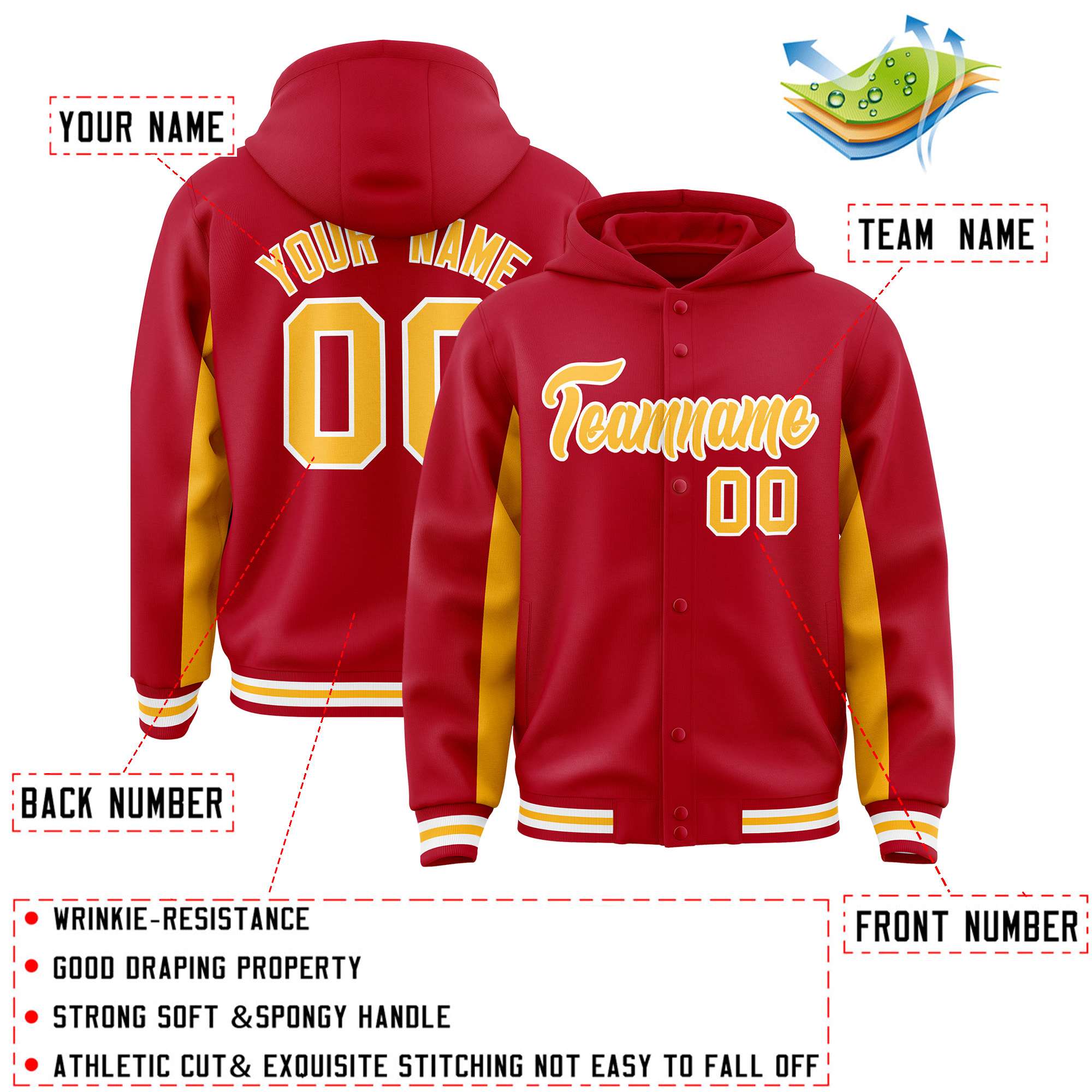 Custom Red Gold Color Block Varsity Full-Snap Letterman Jacket Hoodie| KXKSHOP