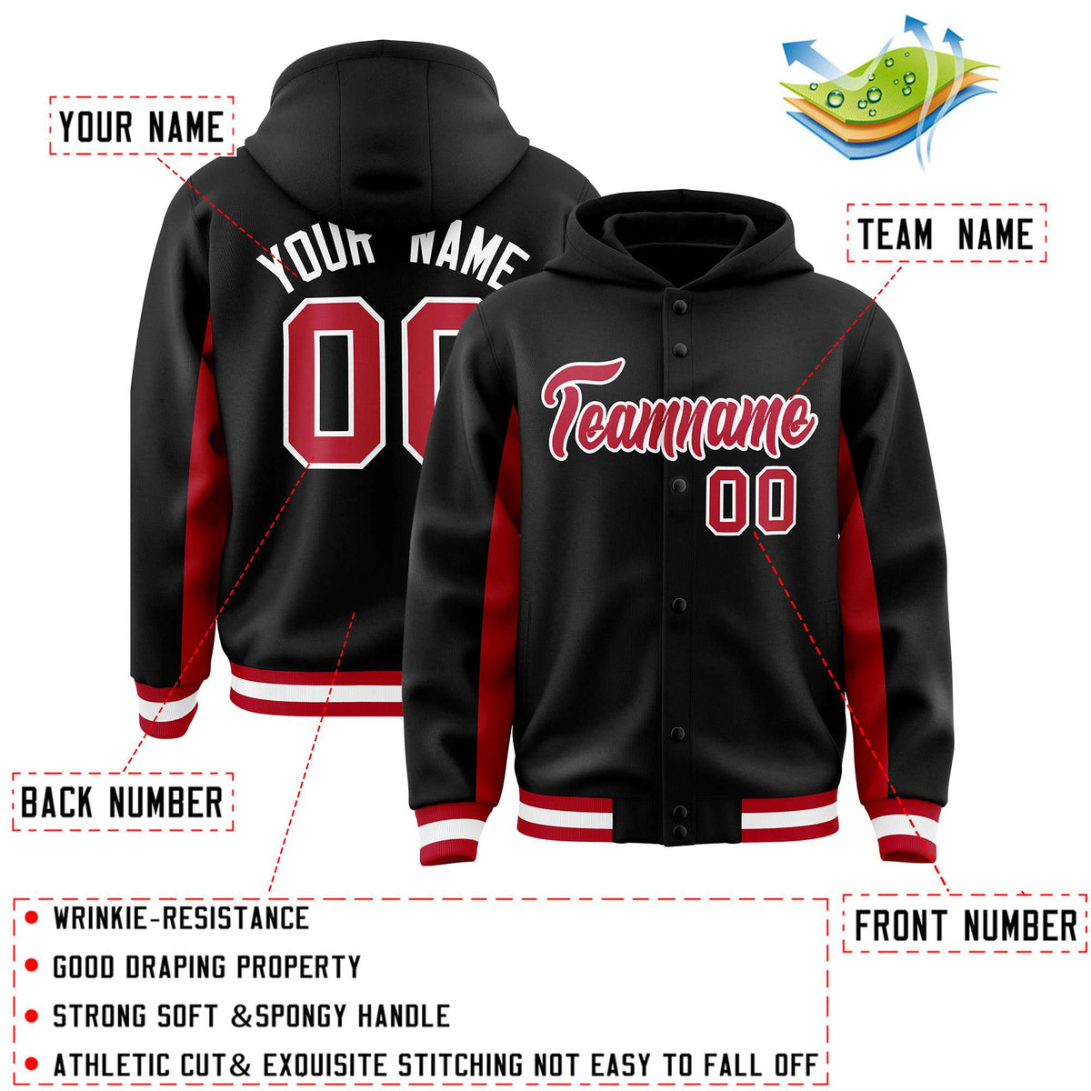 Custom Black Red Color Block Varsity Full-Snap Letterman Jacket Hoodie| KXKSHOP