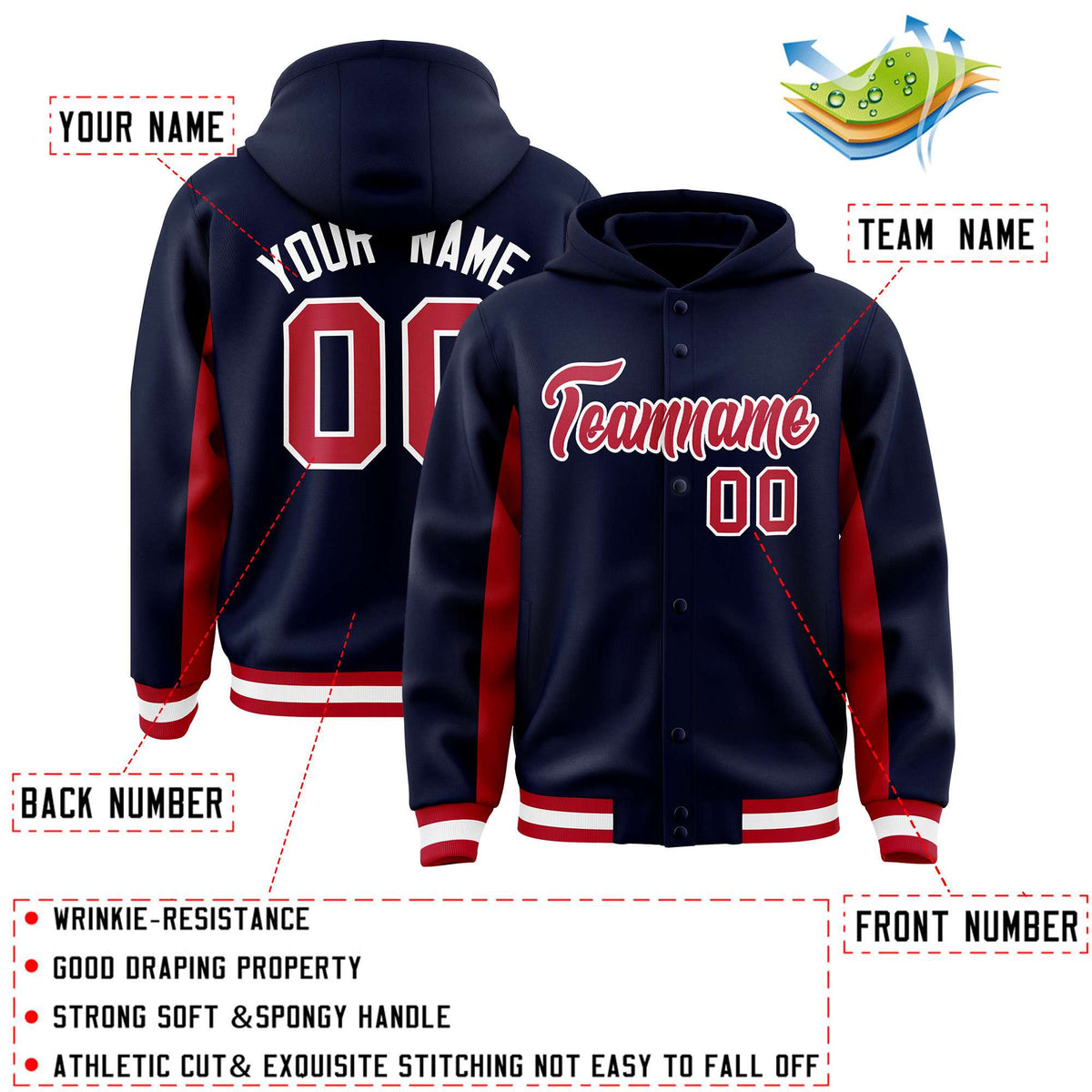 Custom Navy Red Color Block Varsity Full-Snap Letterman Jacket Hoodie| KXKSHOP