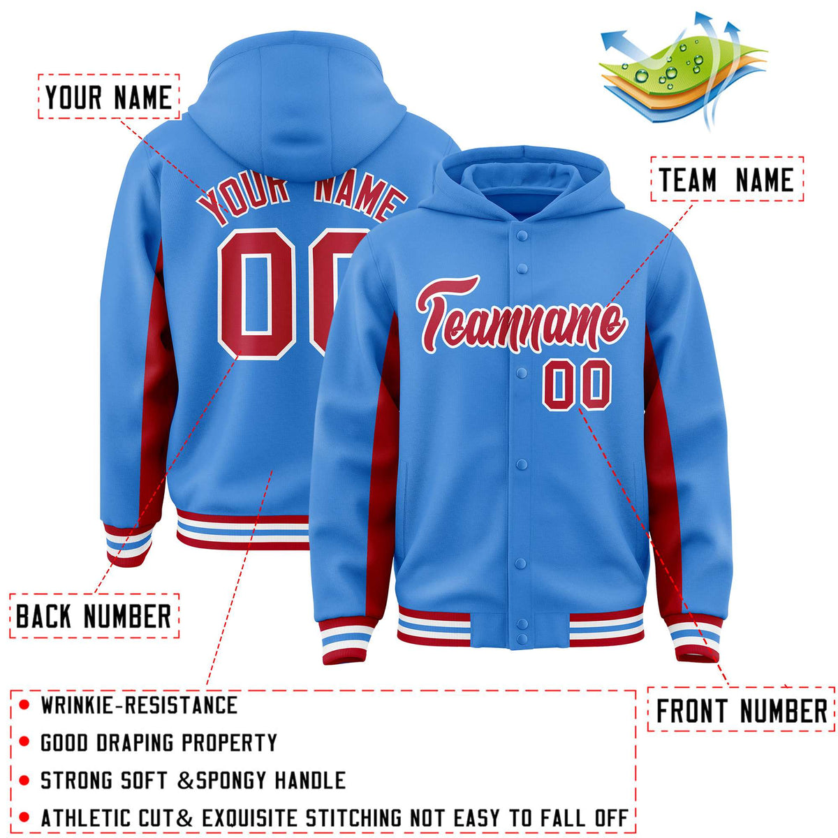 Custom Powder Blue Red Color Block Varsity Full-Snap Letterman Jacket Hoodie| KXKSHOP