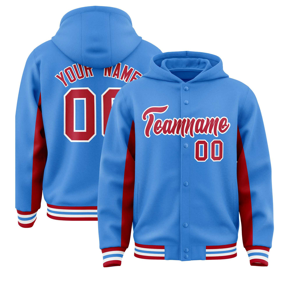 Custom Powder Blue Red Color Block Varsity Full-Snap Letterman Jacket Hoodie| KXKSHOP