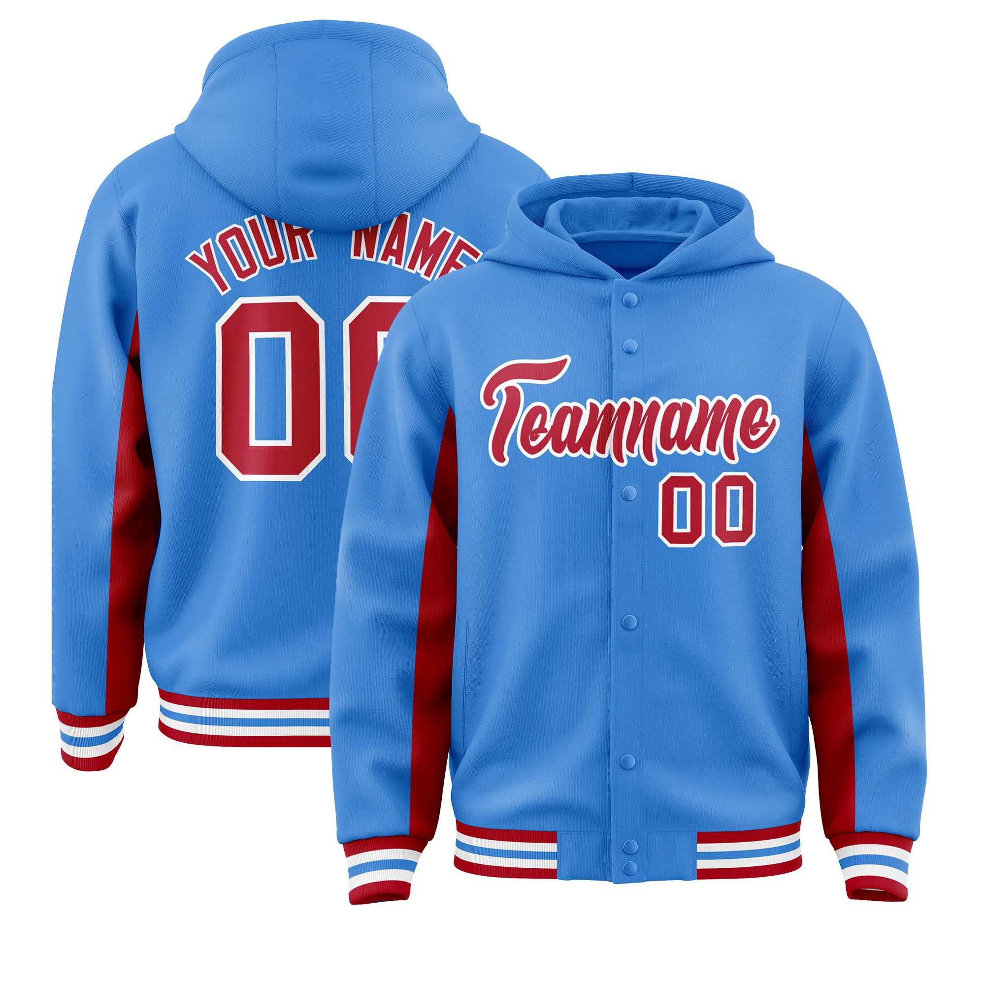 Custom Powder Blue Red Color Block Varsity Full-Snap Letterman Jacket Hoodie| KXKSHOP