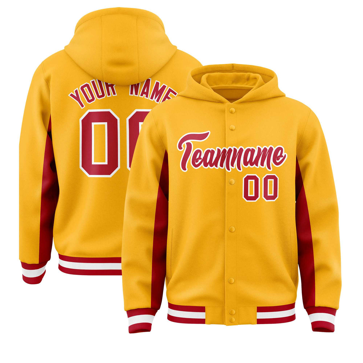 Custom Gold Red Color Block Varsity Full-Snap Letterman Jacket Hoodie| KXKSHOP