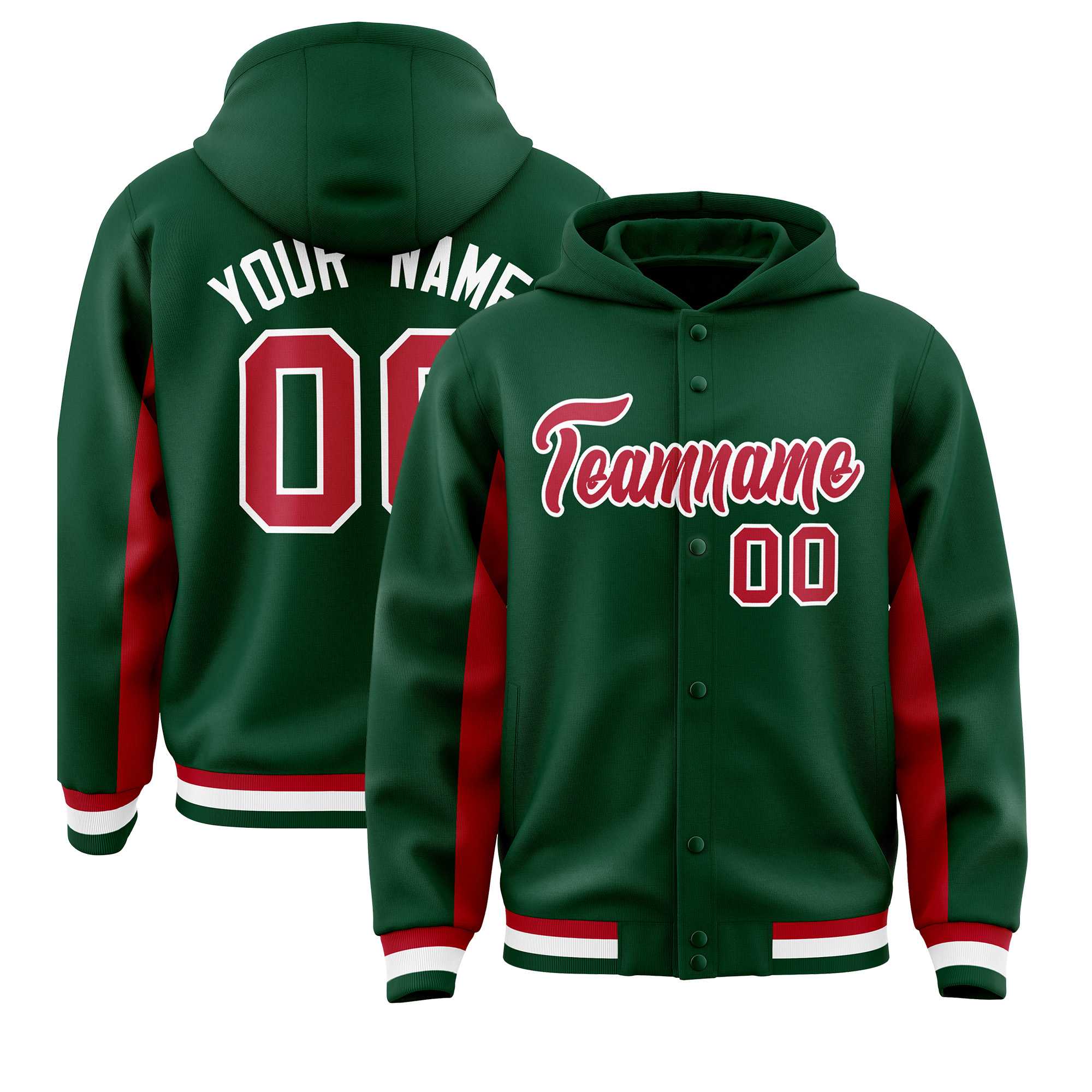 Custom Green Red Color Block Varsity Full-Snap Letterman Jacket Hoodie| KXKSHOP