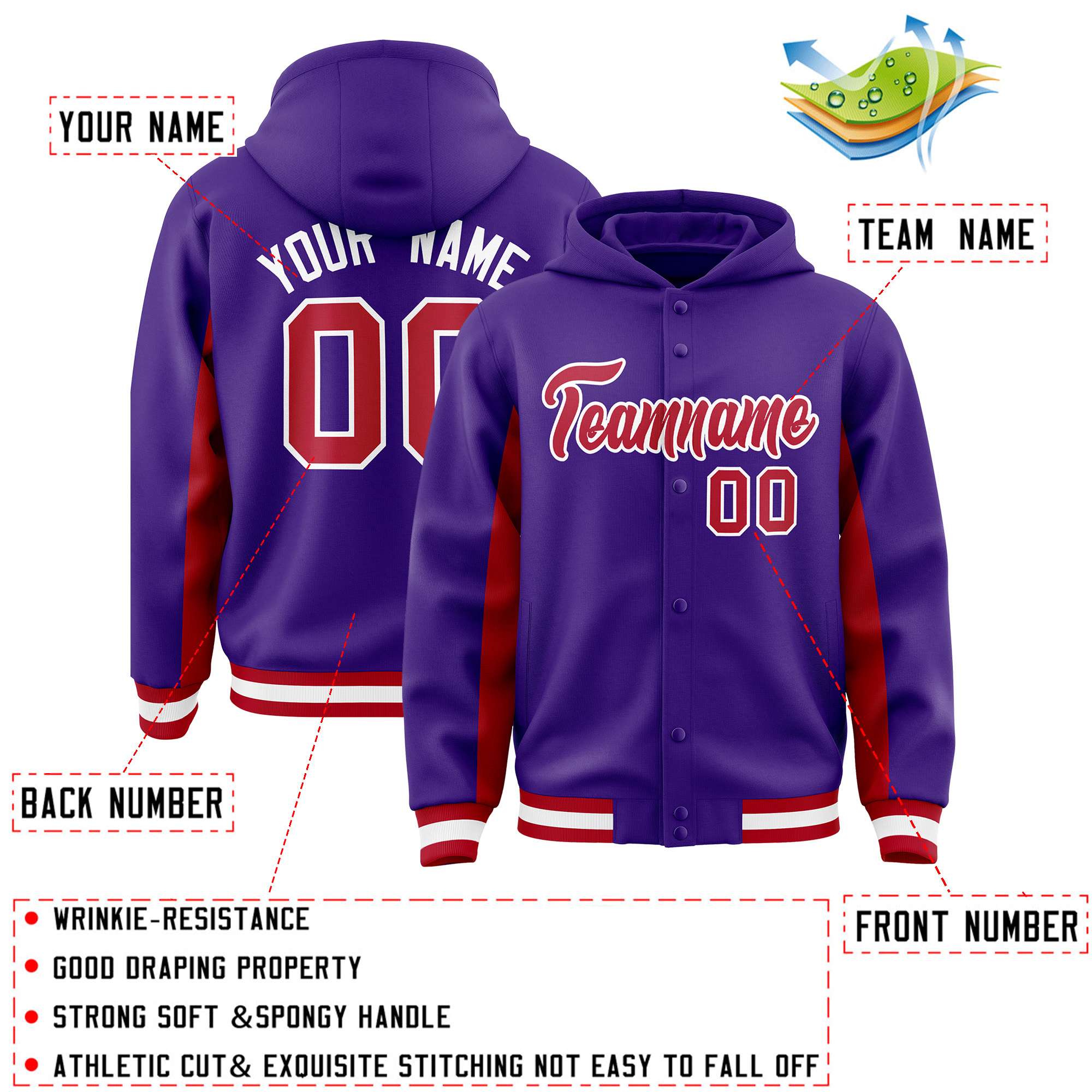 Custom Purple Red Color Block Varsity Full-Snap Letterman Jacket Hoodie| KXKSHOP