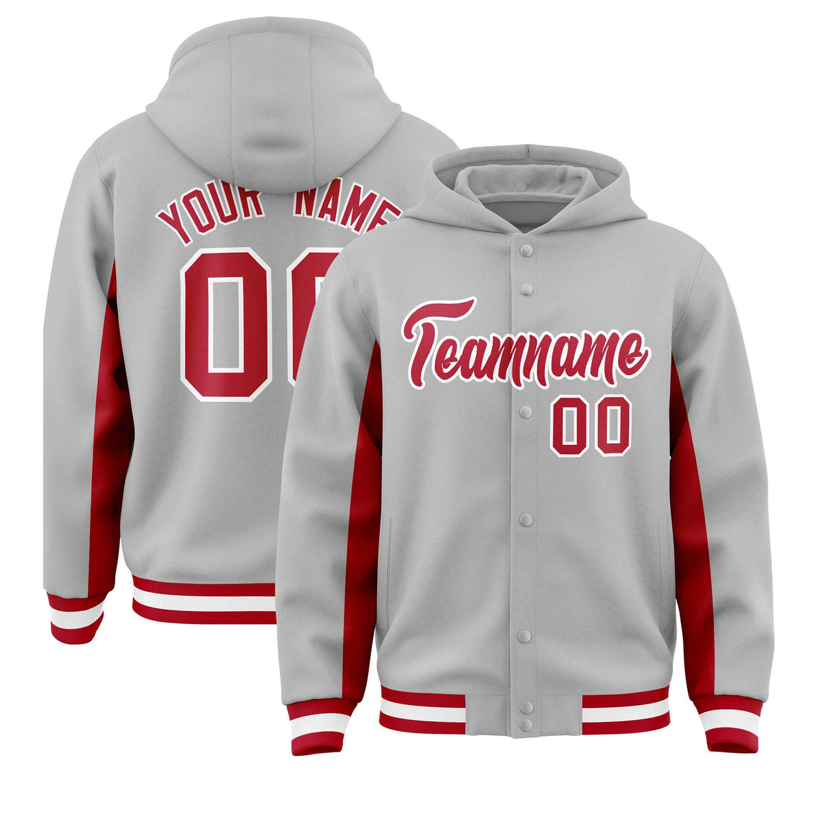 Custom Gray Red Color Block Varsity Full-Snap Letterman Jacket Hoodie| KXKSHOP