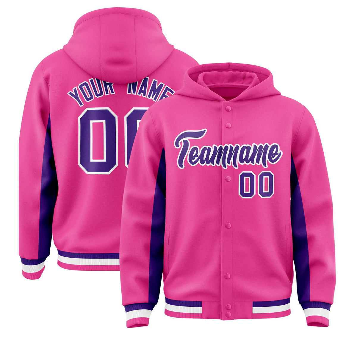 Custom Pink Purple Color Block Varsity Full-Snap Letterman Jacket Hoodie| KXKSHOP