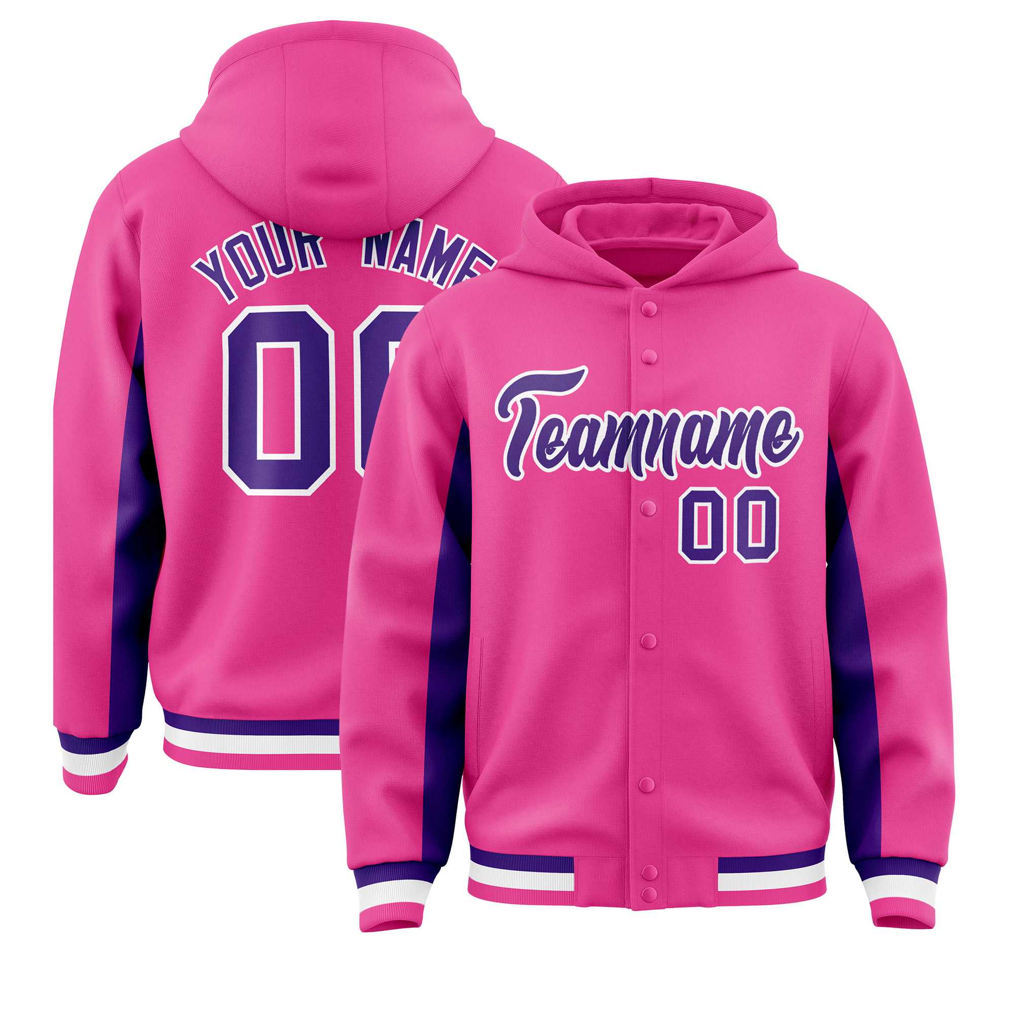 Custom Pink Purple Color Block Varsity Full-Snap Letterman Jacket Hoodie| KXKSHOP